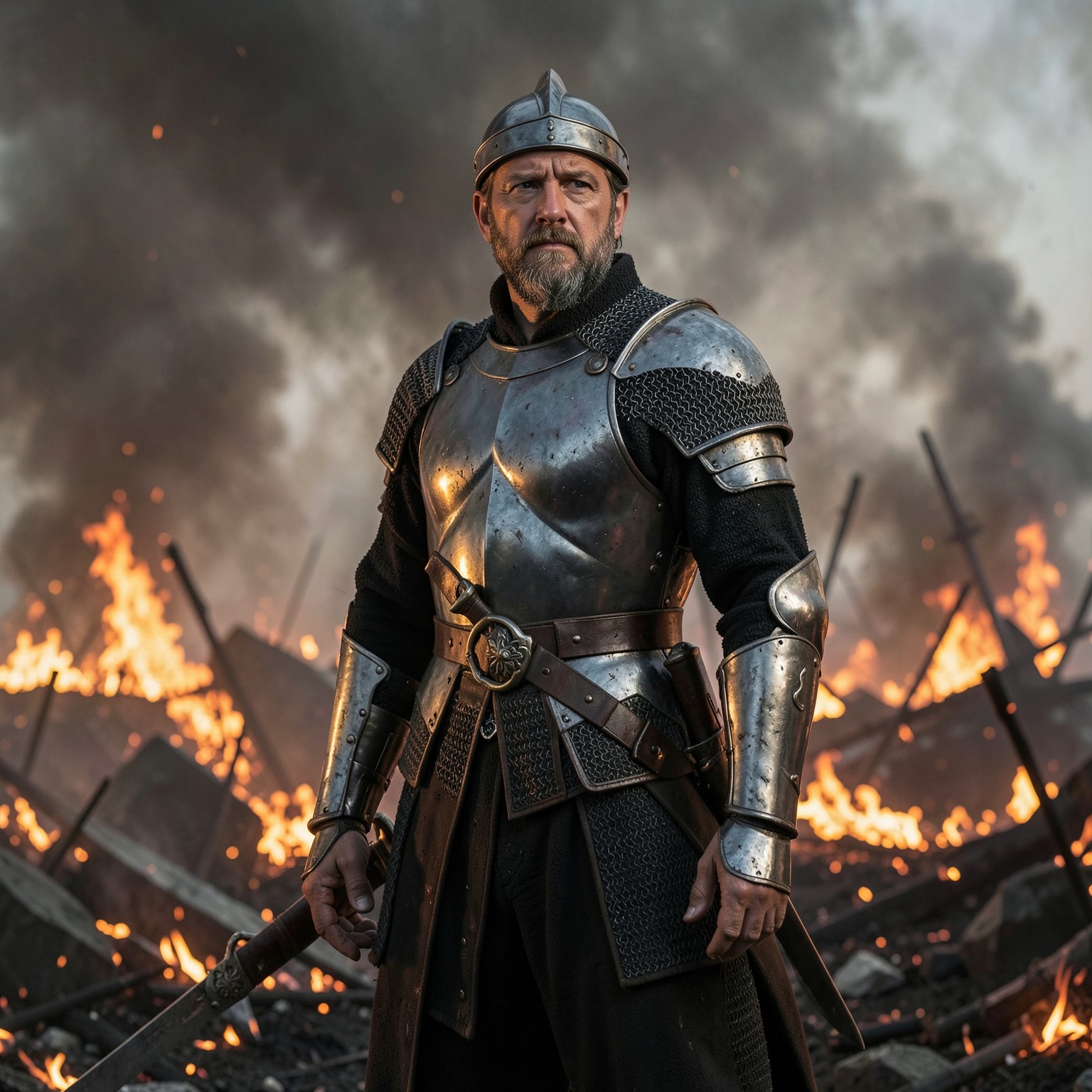 ultra realistic medieval knight standing in burning battlefield smoke, dramatic lighting