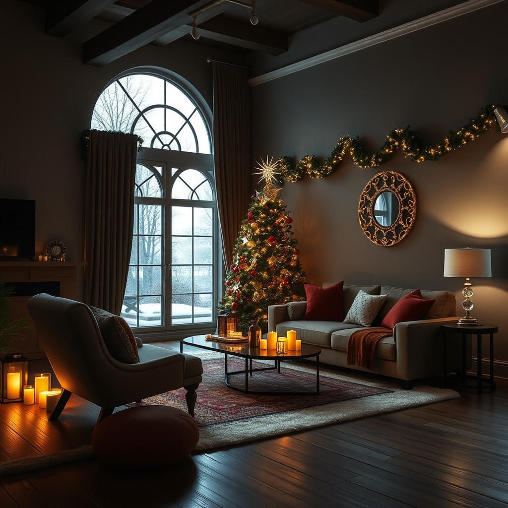 christma three in living room, hyper-realistic, cinematic lighting