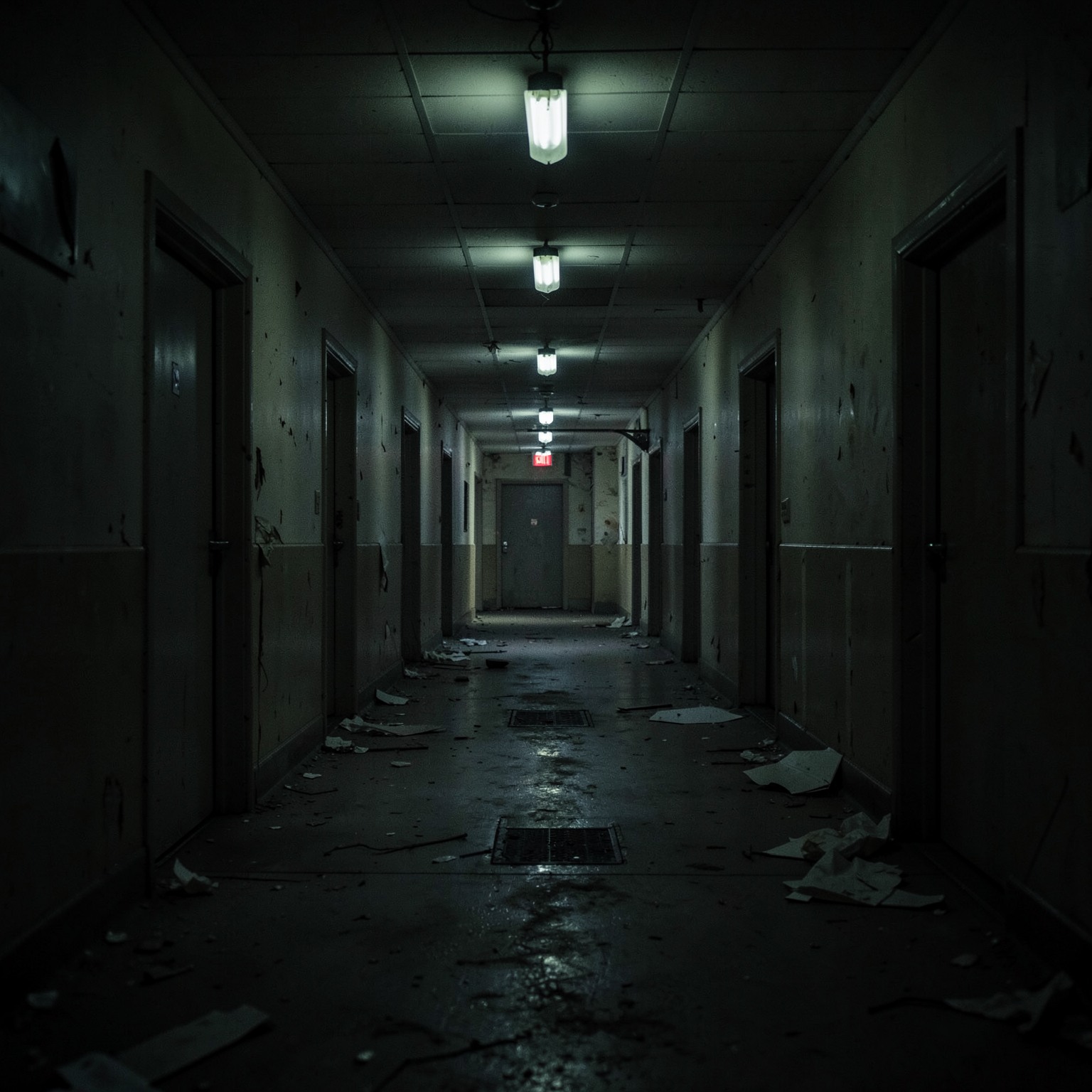 abandoned hospital corridor, flickering lights, horror atmosphere