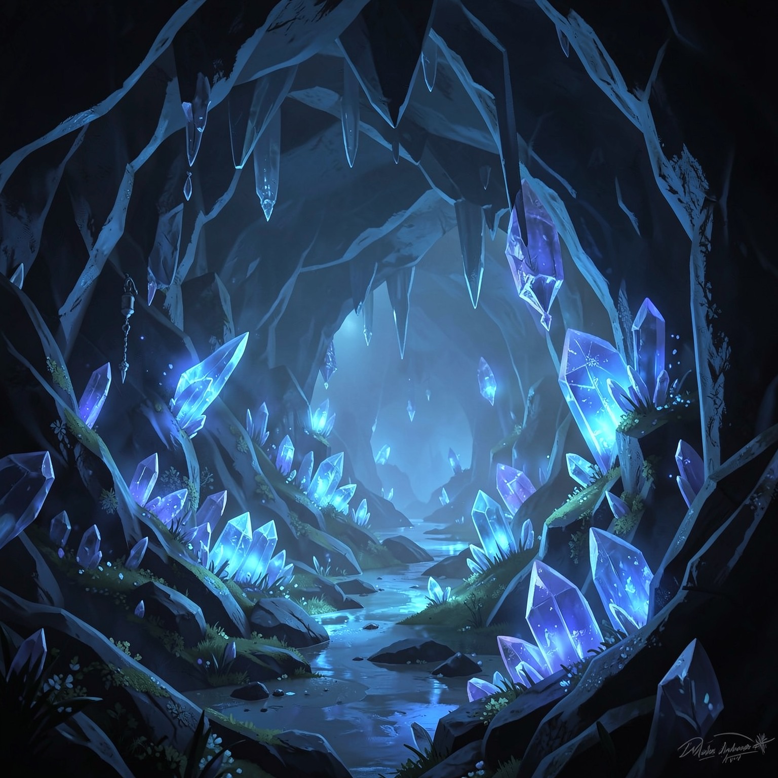 fantasy crystal cave glowing blue
