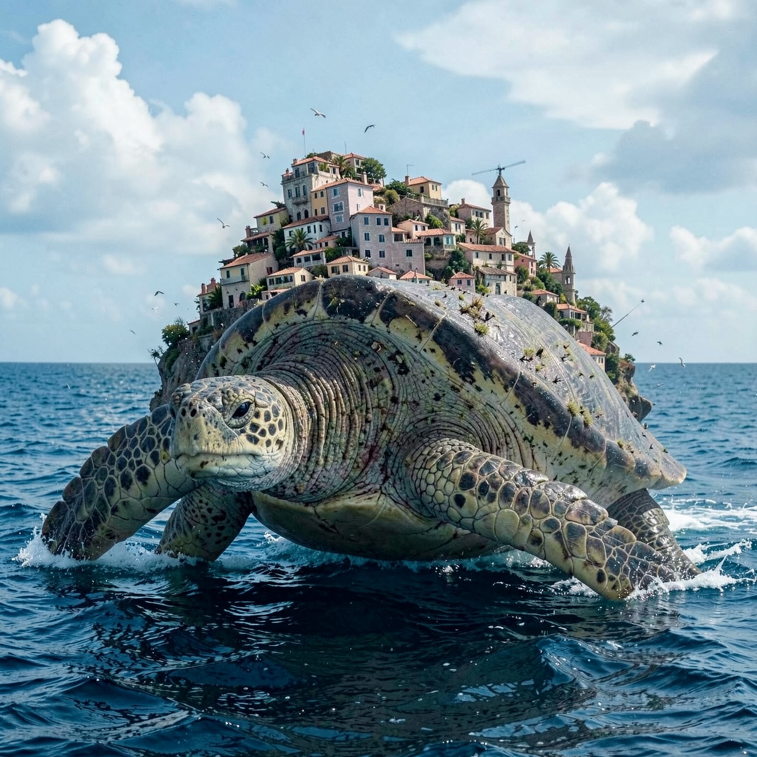 giant ancient turtle carrying a city on its back in the ocean