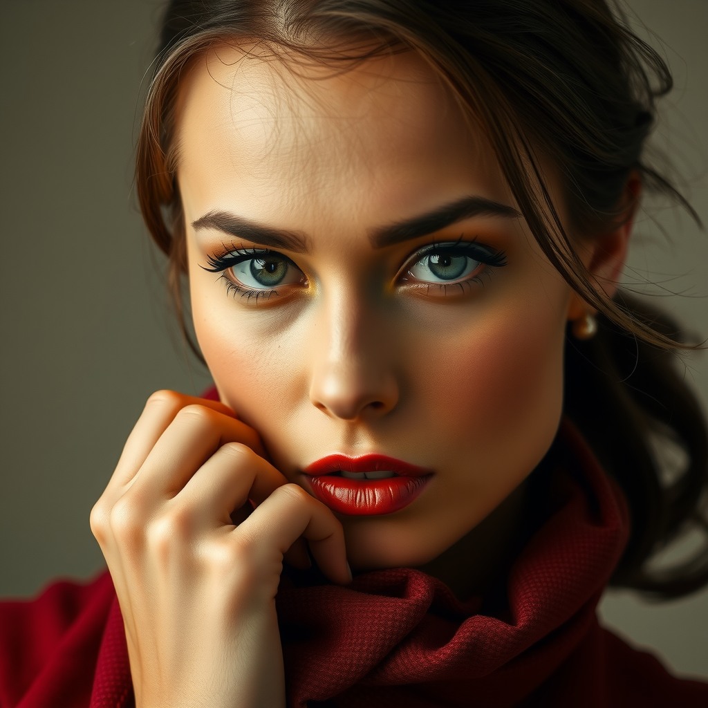 woman, high fashion editorial, close-up portrait, 50mm lens