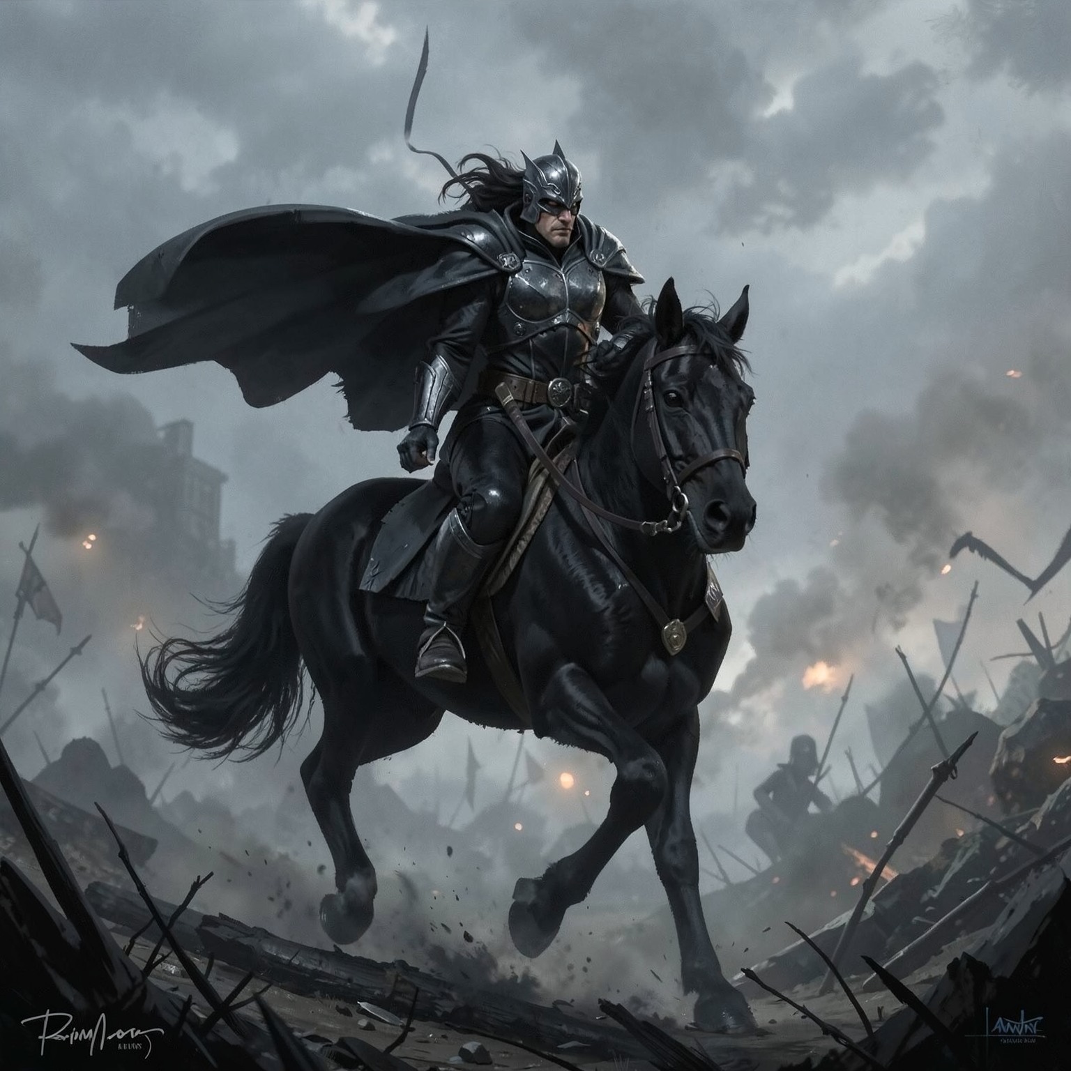 dark knight riding black horse through foggy battlefield