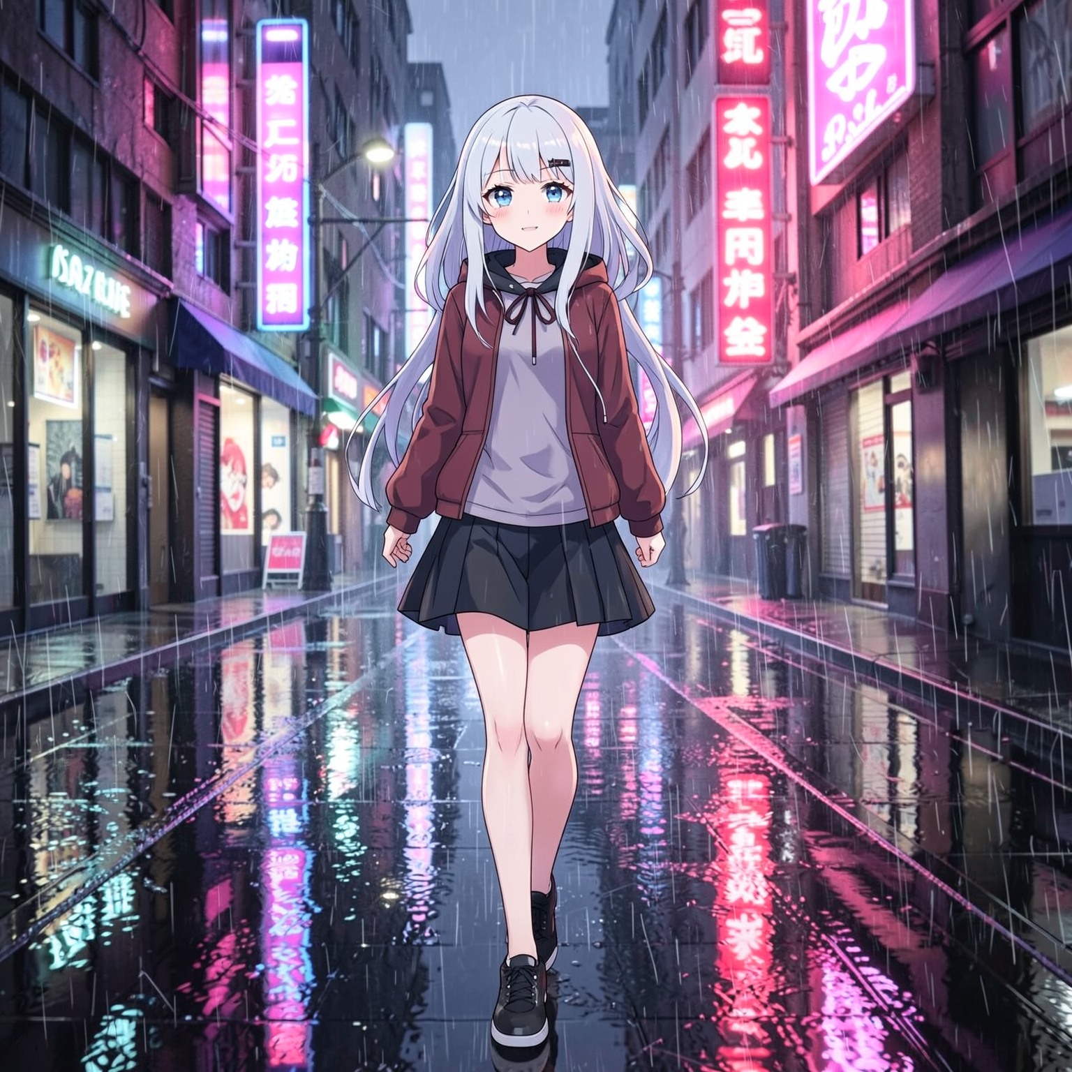 anime girl with white hair walking through rainy neon streets, detailed reflections