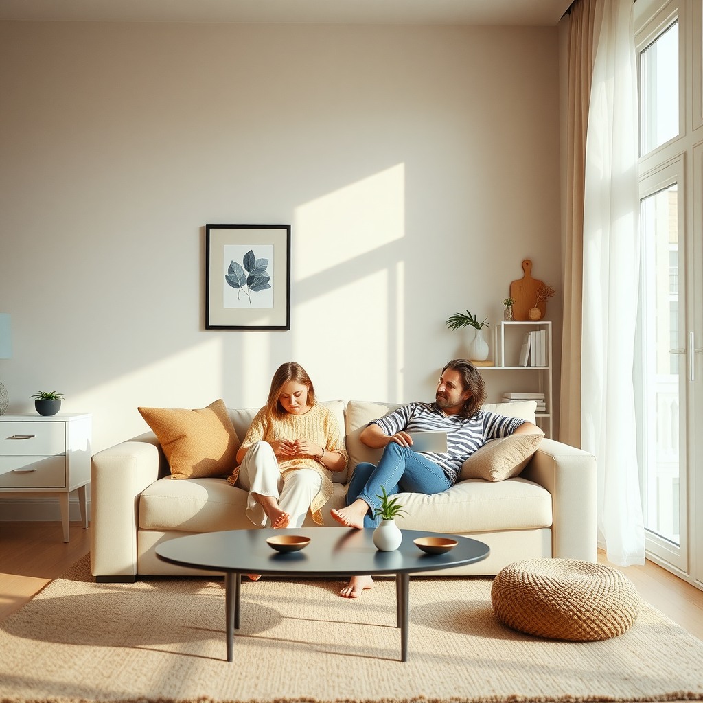 Photo-realistic editorial photography, realistic scene representing a couple relaxing in bright minimalist living room