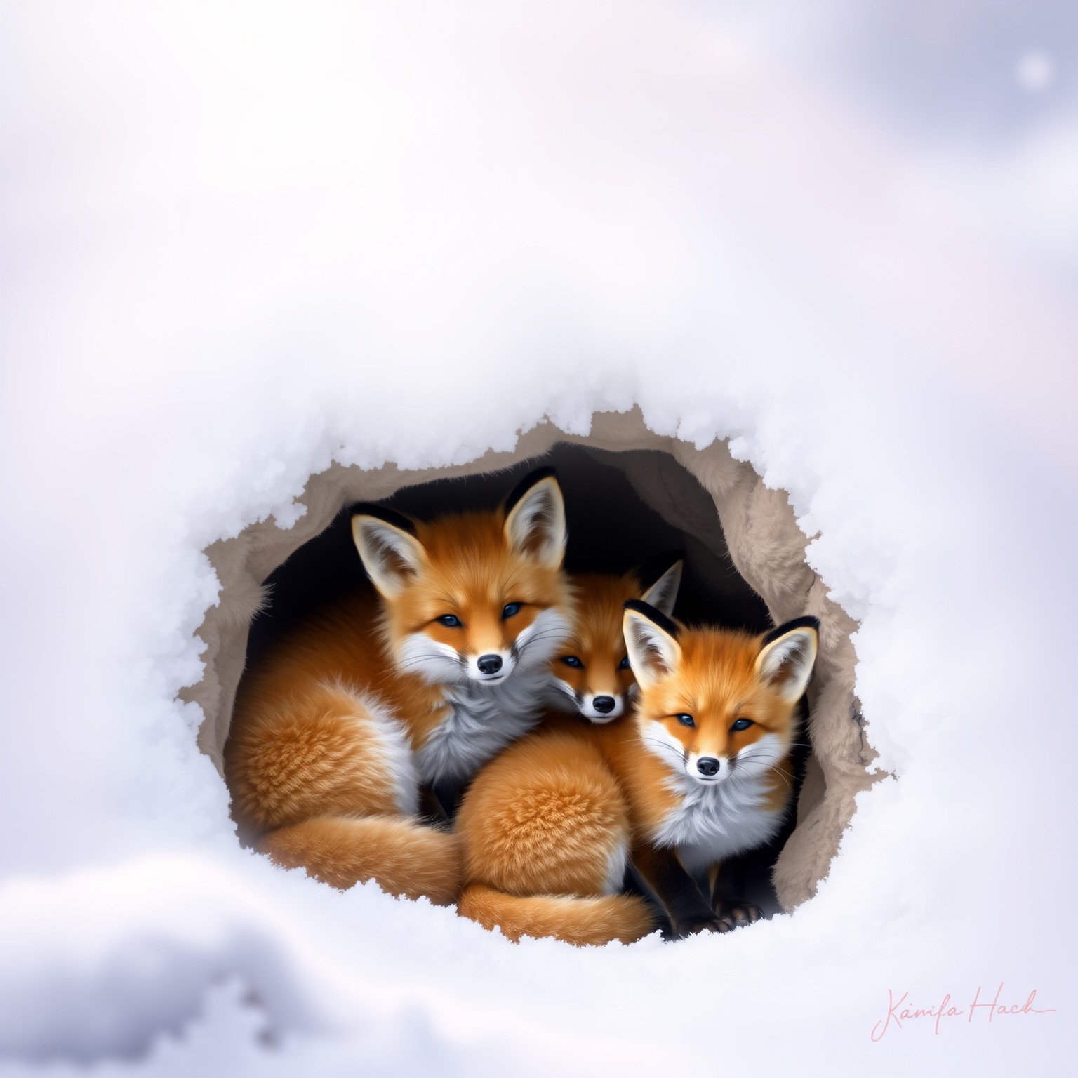 A heartwarming scene of a family of foxes nestled together in a cozy den, surrounded by a snowy landscape, with soft, diffused light creating a warm and inviting atmosphere.