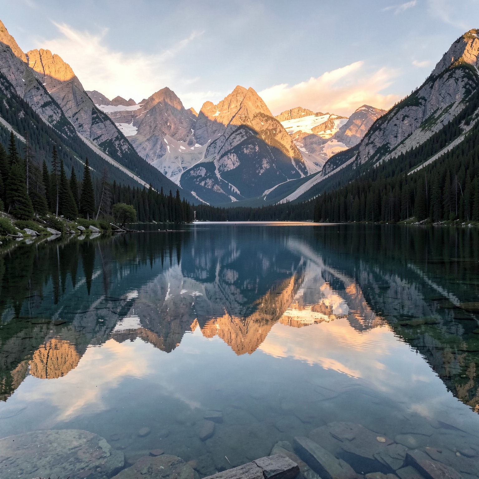 realistic mountain lake reflection during sunrise, ultra detailed nature