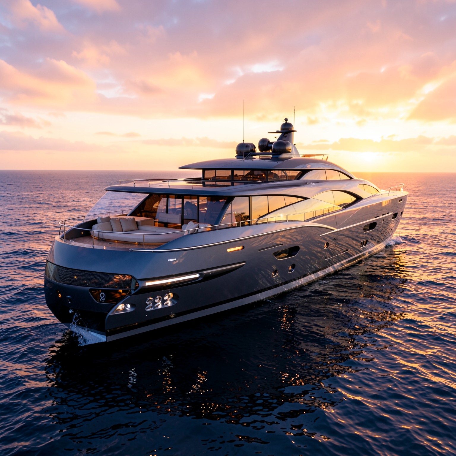 futuristic luxury yacht during sunset