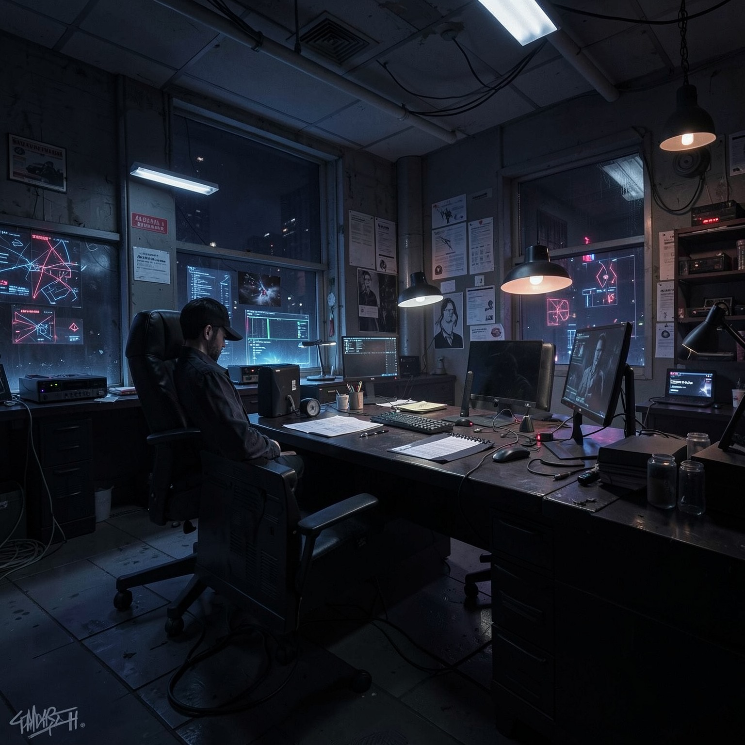 Cyberpunk detective office at night