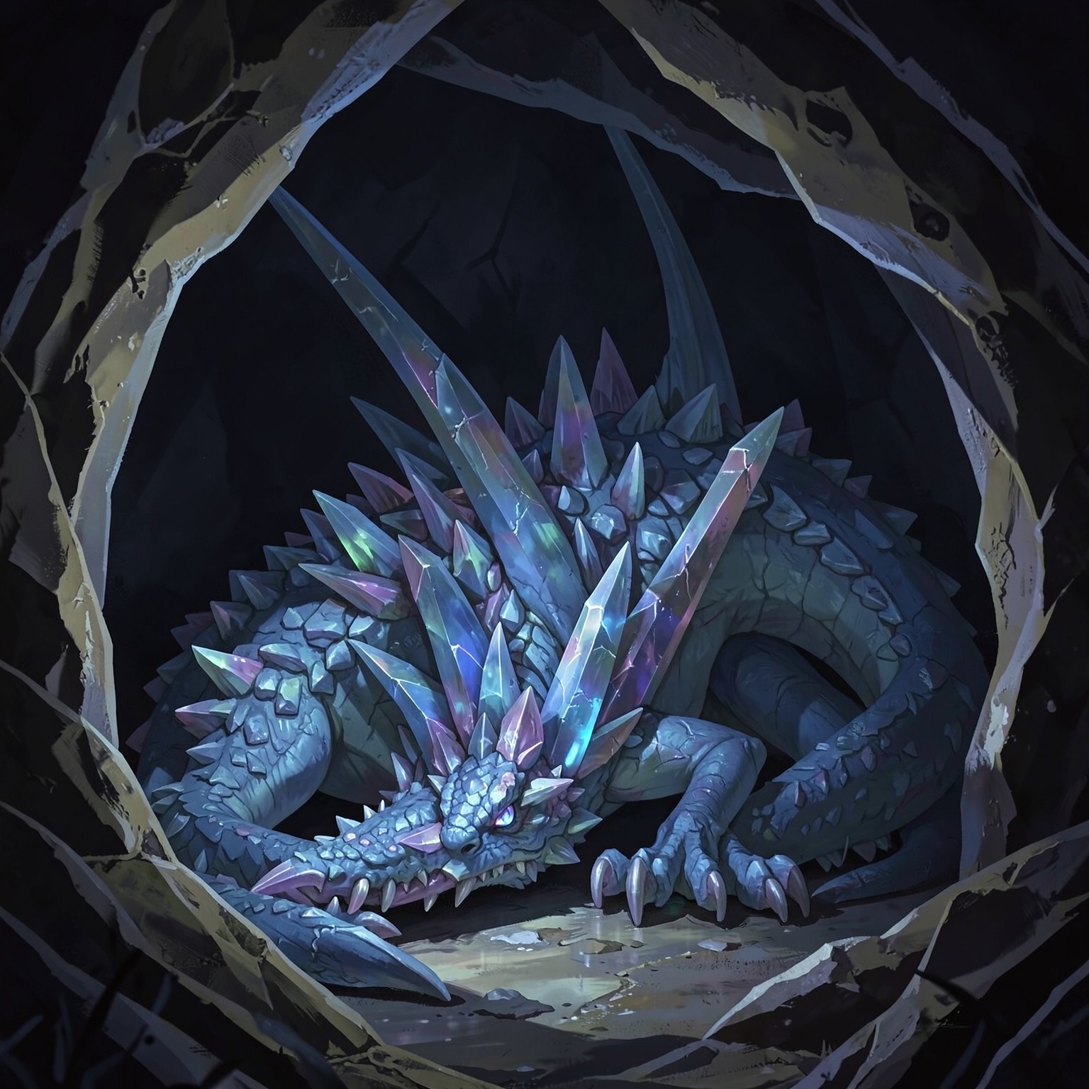 giant crystal dragon sleeping inside cave