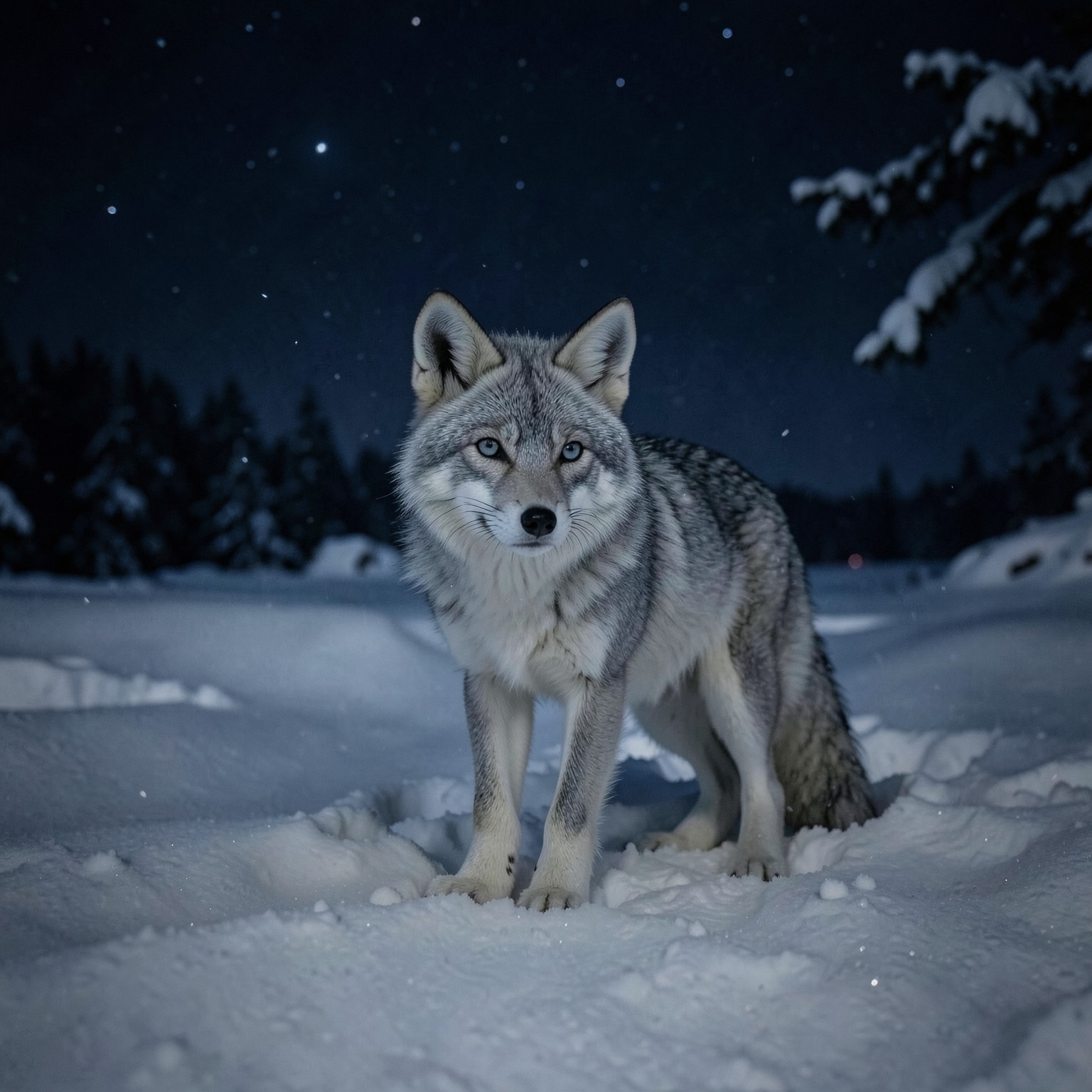 realistic arctic fox in snowy landscape at night