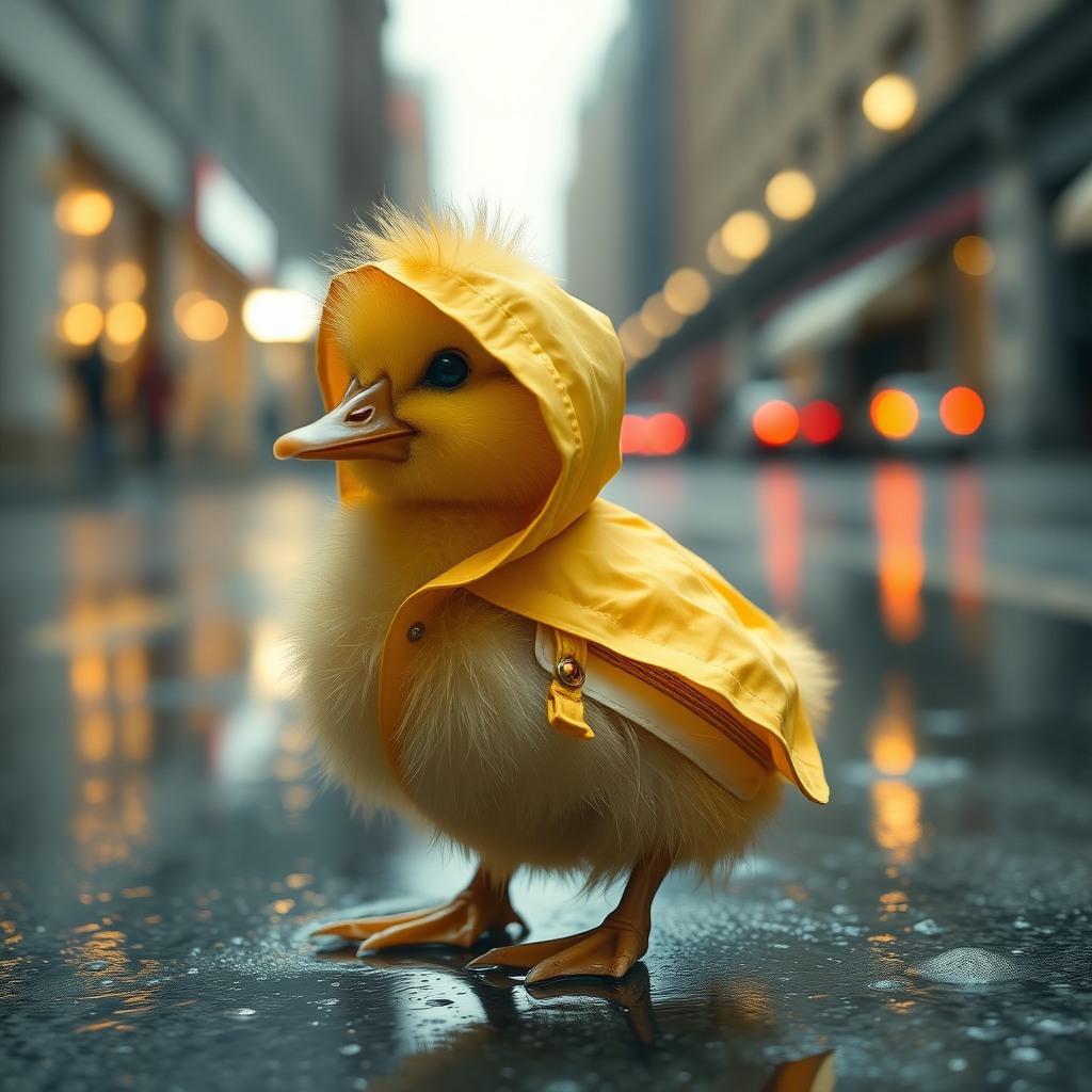 fluffy yellow duckling wearing a tiny raincoat, rainy city street, reflections on pavement, cinematic lighting, ultra cute, high detail, whimsical mood