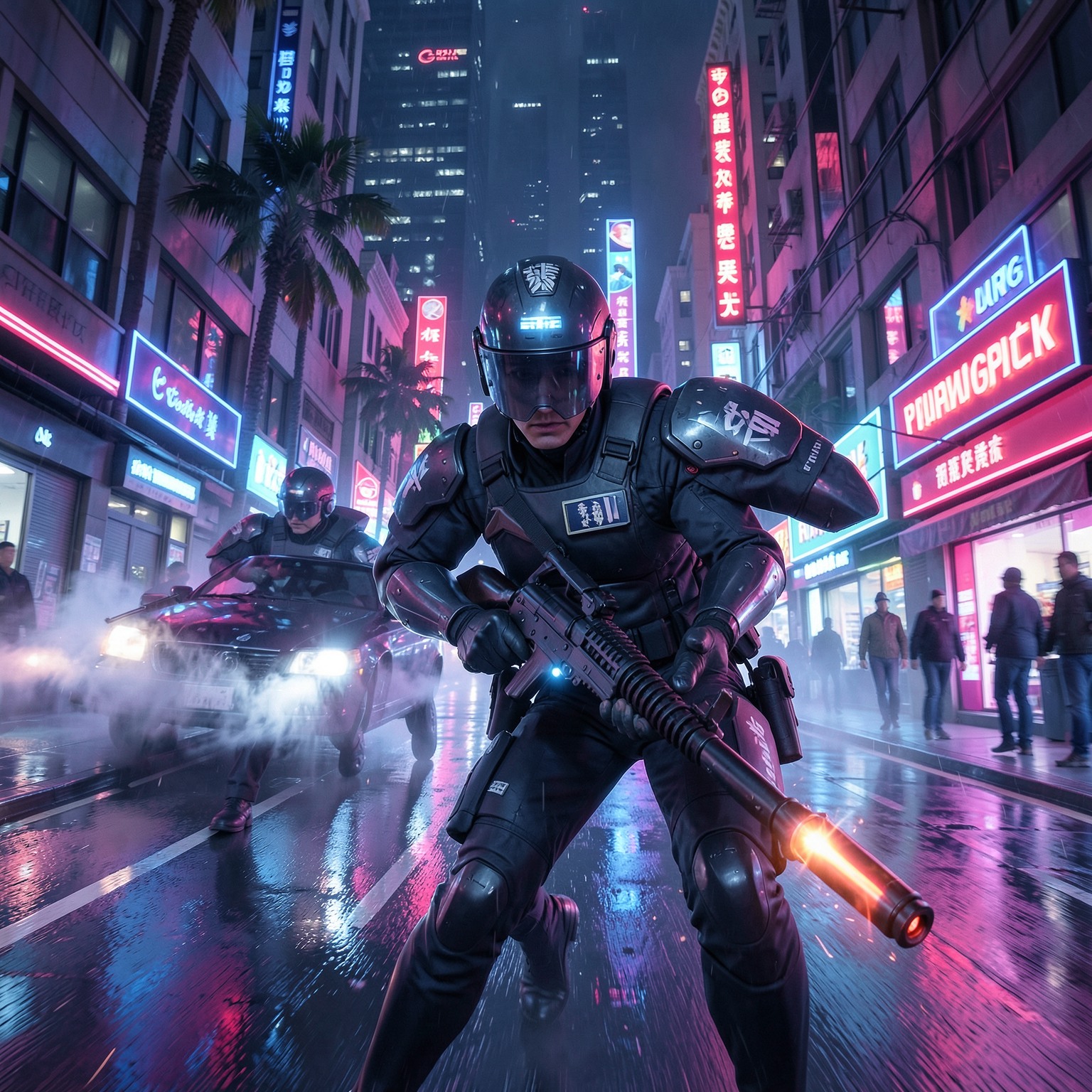futuristic police chase through neon streets