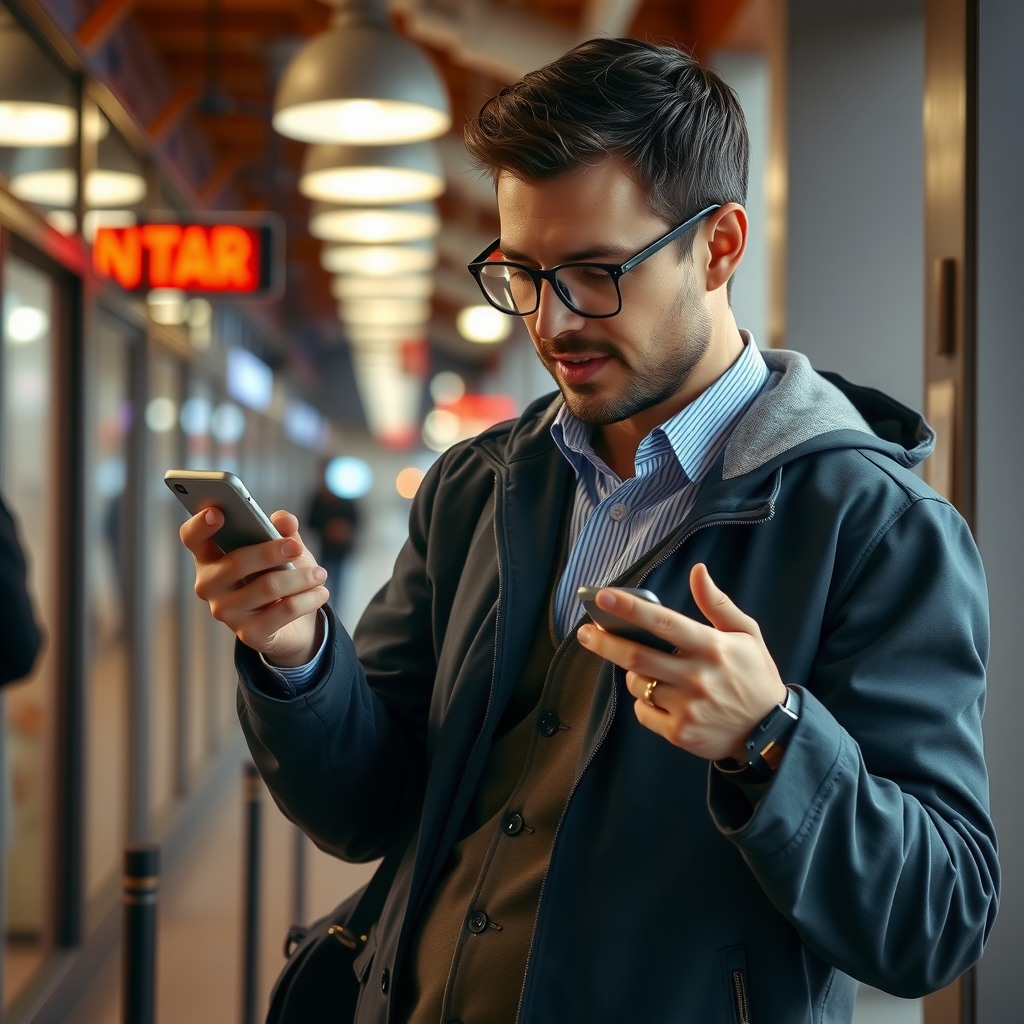 Photo-realistic editorial photography, realistic scene representing a man checking calendar on smartphone