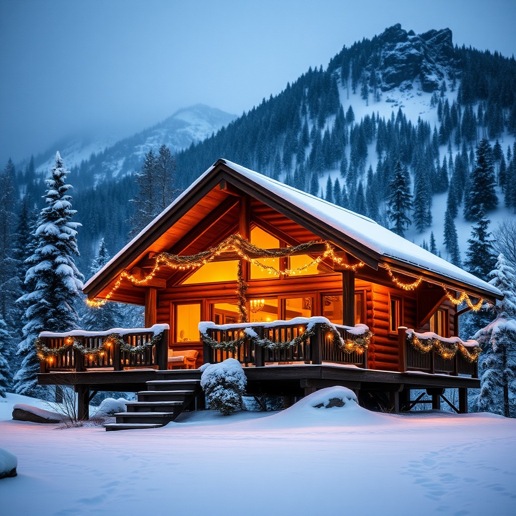 cozy cabin in snowy mountains, christmas lights, warm interior glow