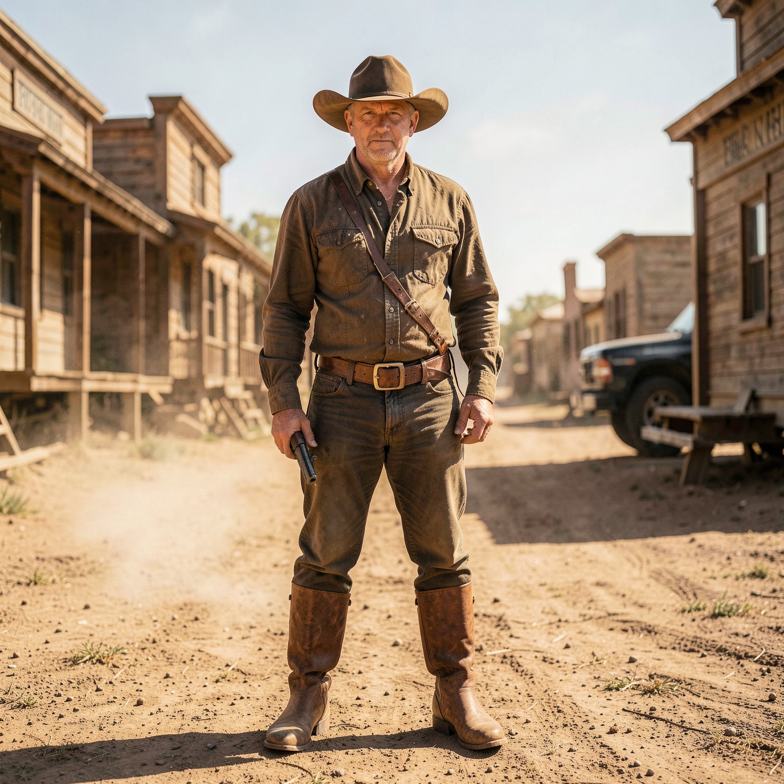 cinematic cowboy standing alone in dusty western town