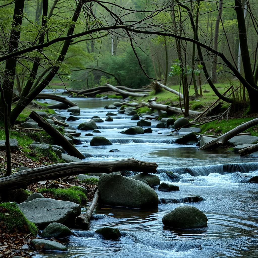 Photo-realistic editorial photography, realistic scene representing quiet stream