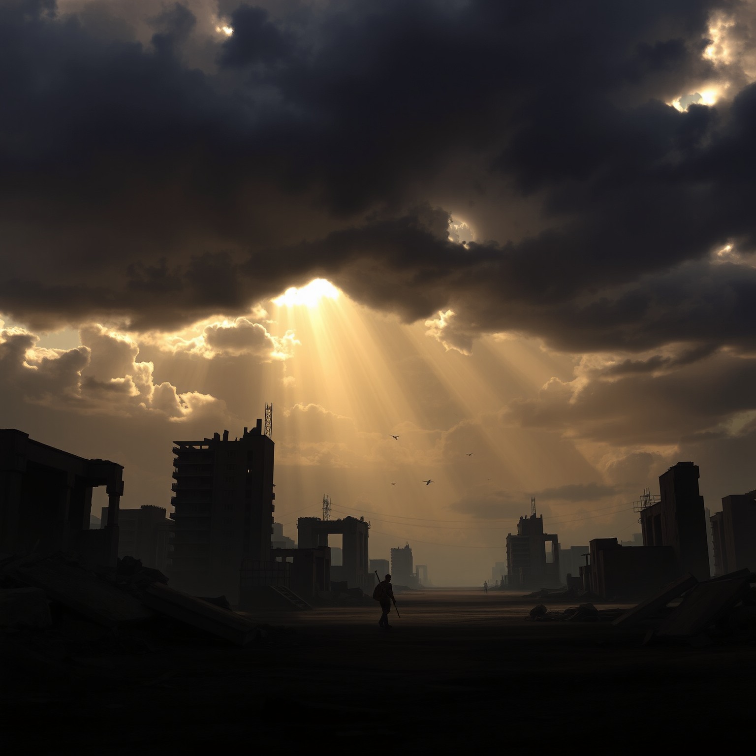 A lone survivor scavenging in a post-apocalyptic wasteland with dark clouds.