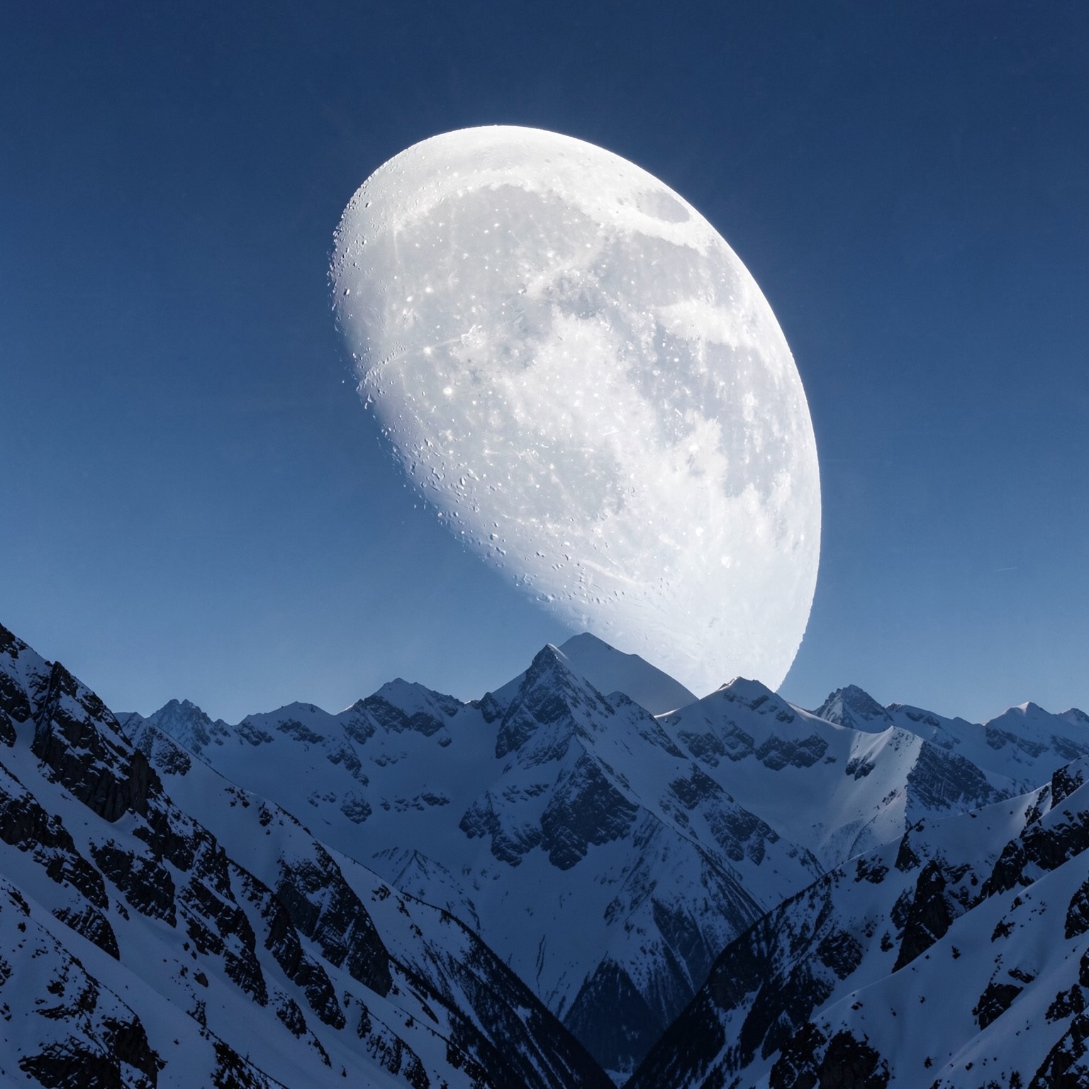 Giant moon rising above snowy mountains