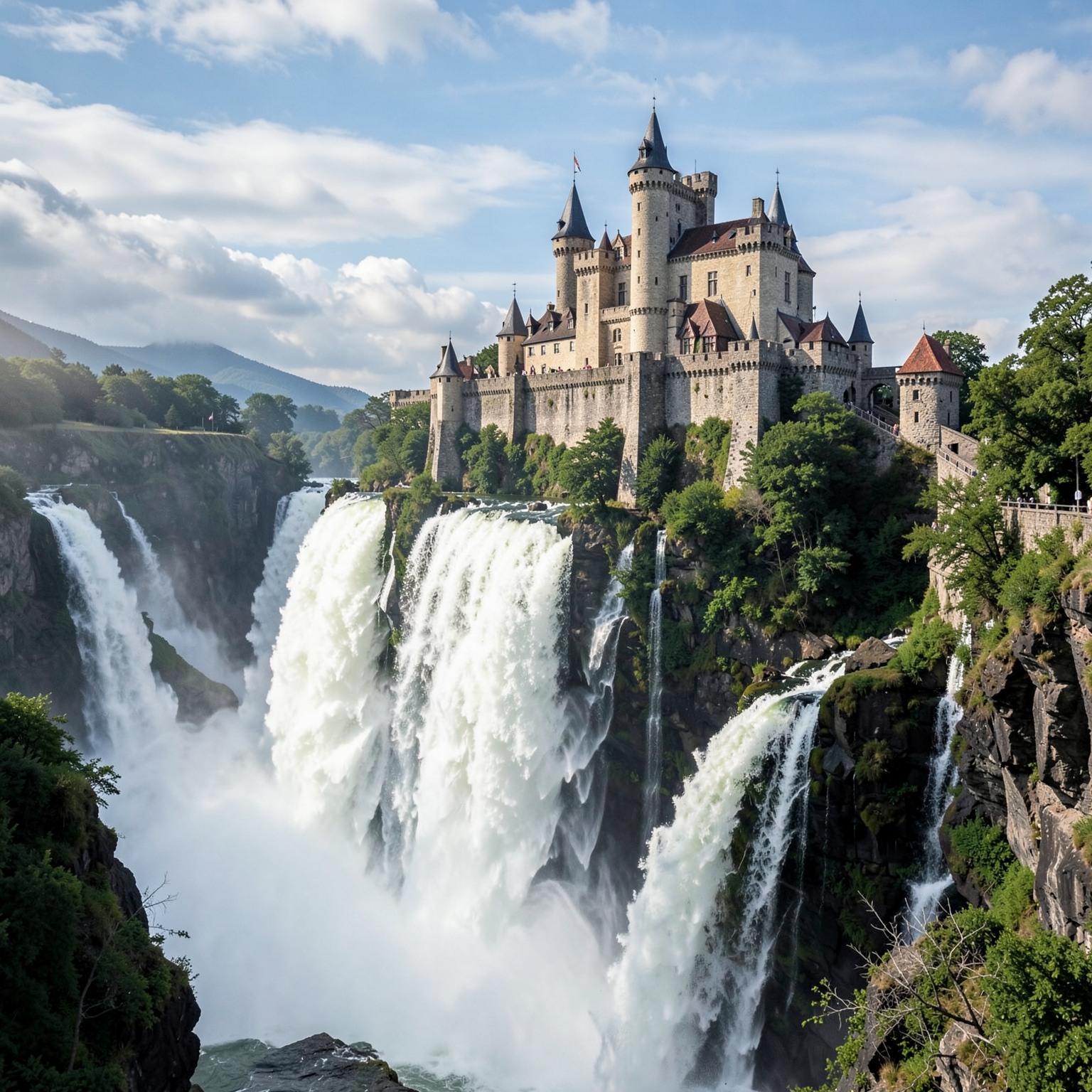 Medieval castle on top of giant waterfall
