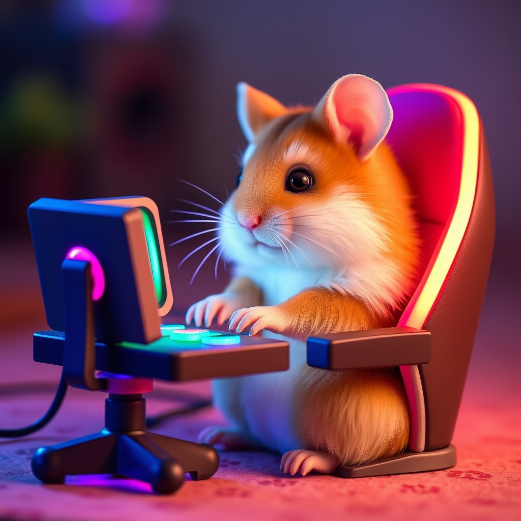 cute tiny hamster playing video games, RGB lights, small gaming chair, expressive eyes, soft glow, ultra detailed, kawaii aesthetic