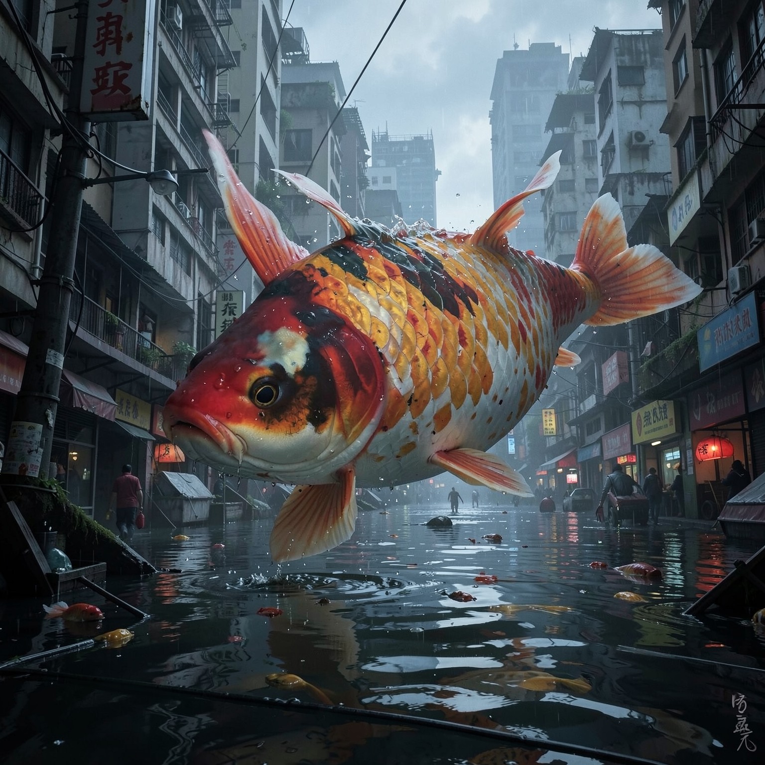 giant koi fish swimming through flooded city