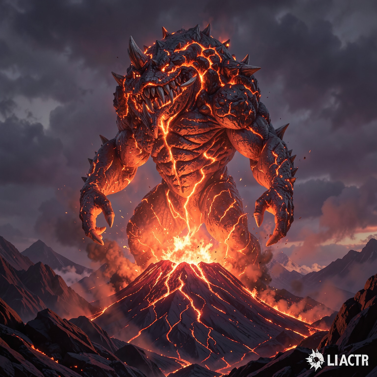 giant lava monster rising from volcano