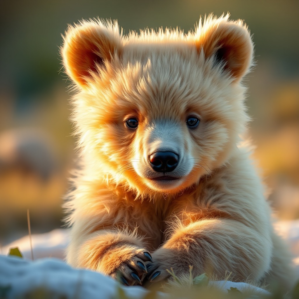 baby bear, golden hour light, ultra detailed fur