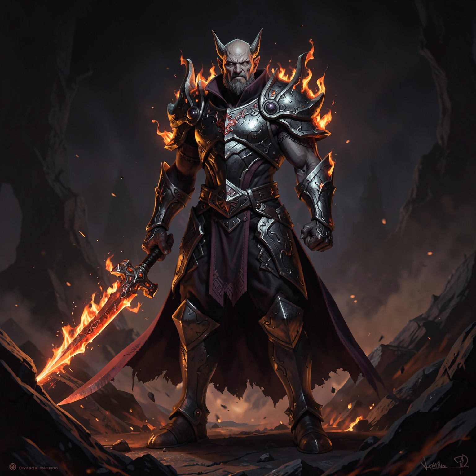 Dark fantasy warrior with flaming armor