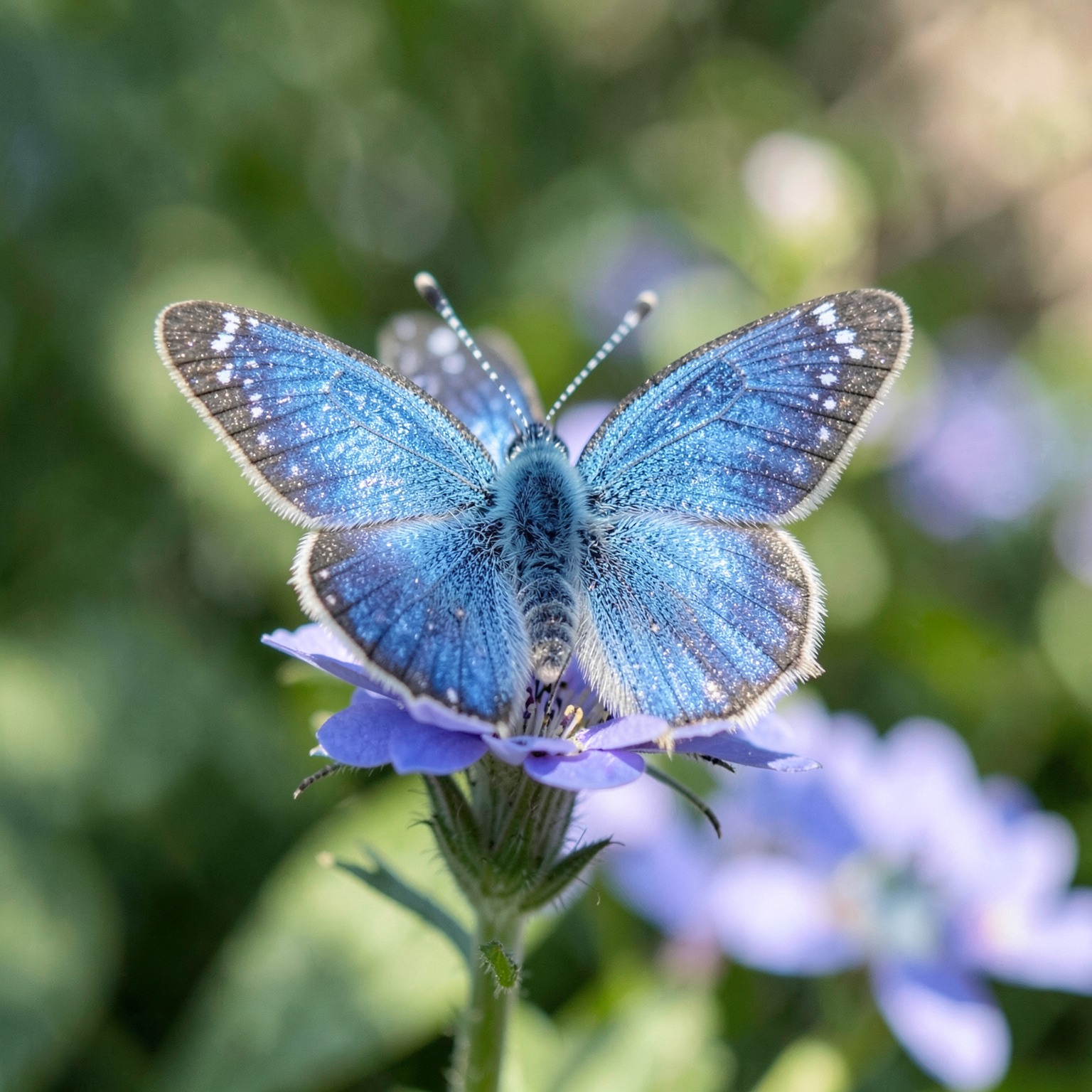 realistic close-up of blue butterfly on flower