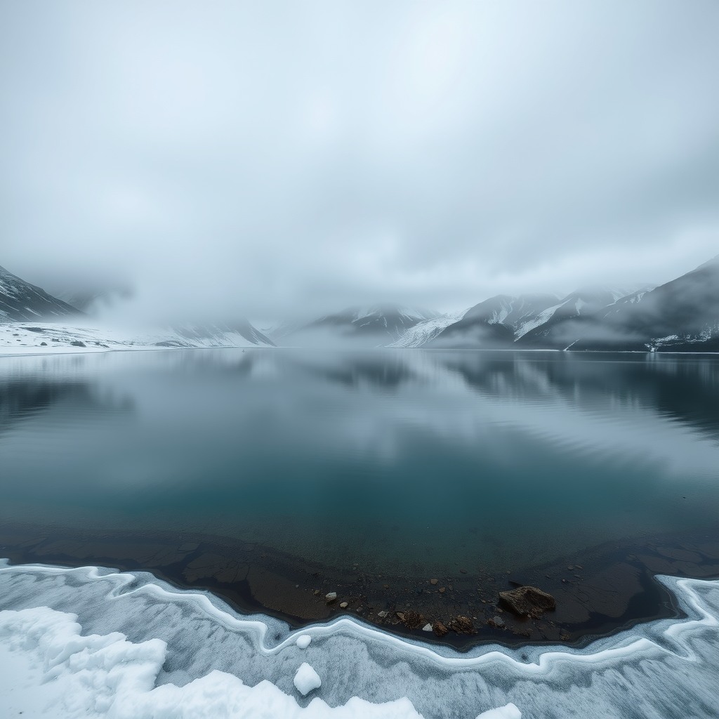 Photo-realistic mountain lake with partially frozen edges, cold realistic tones