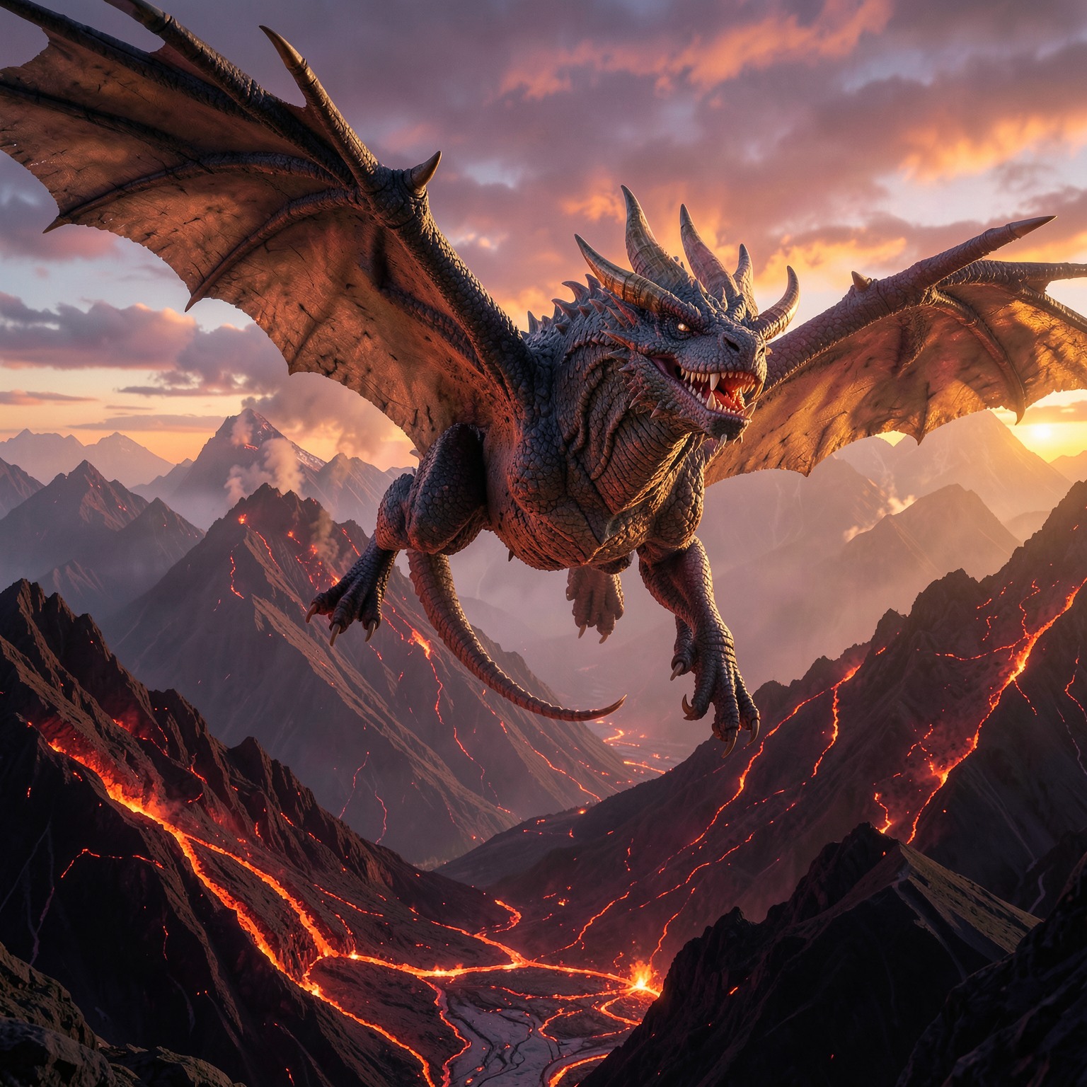 ultra detailed dragon flying above volcanic mountains at sunset