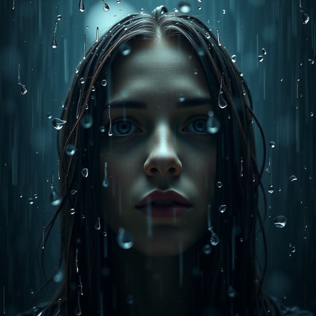realistic rain portrait, water droplets, moody cinematic lighting