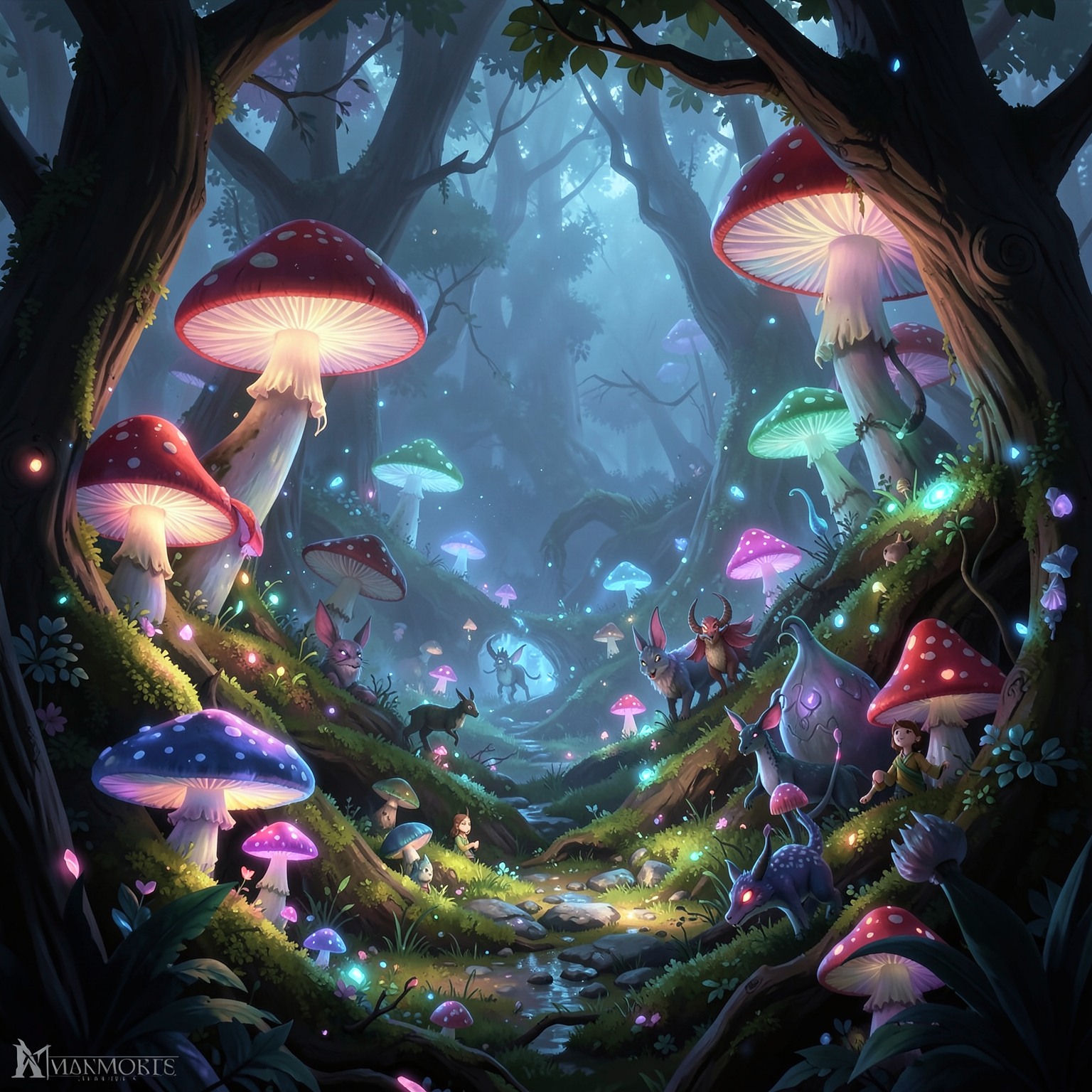 magical forest with glowing mushrooms and fantasy creatures