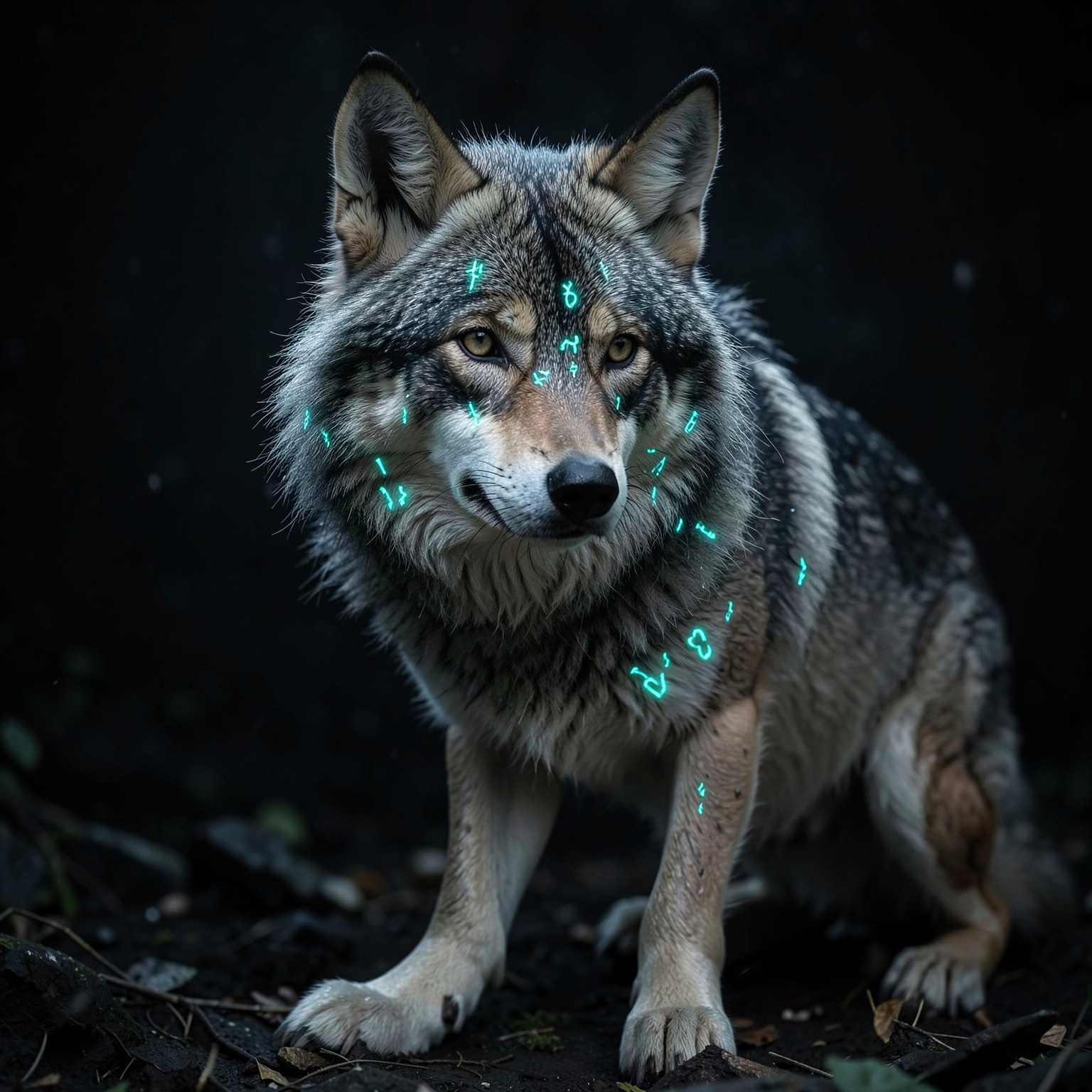 Hyper realistic wolf with glowing runes
