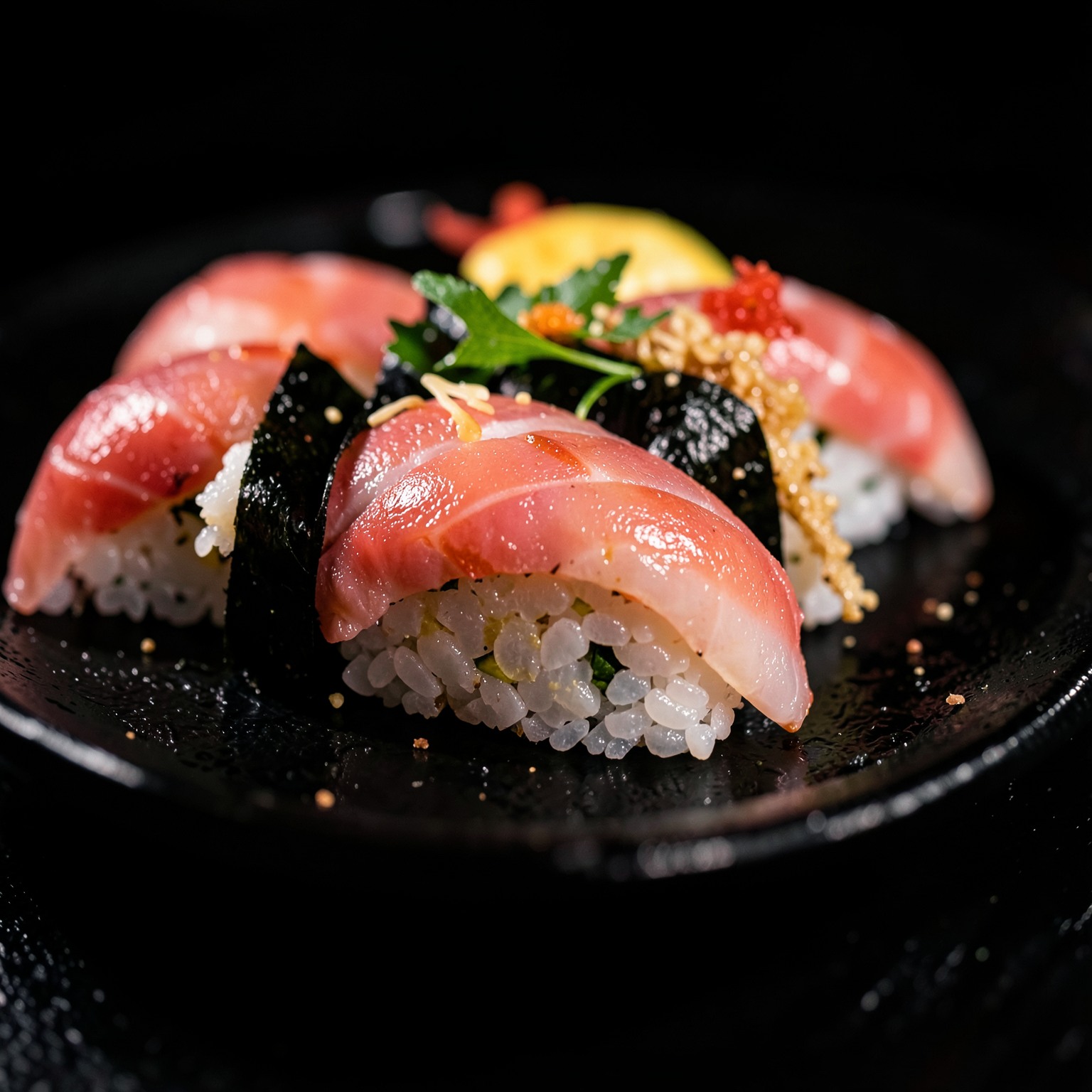realistic sushi platter macro shot with dramatic lighting