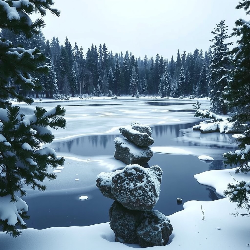 Realistic photograph of a frozen lake surrounded by pine trees, cold blue tones