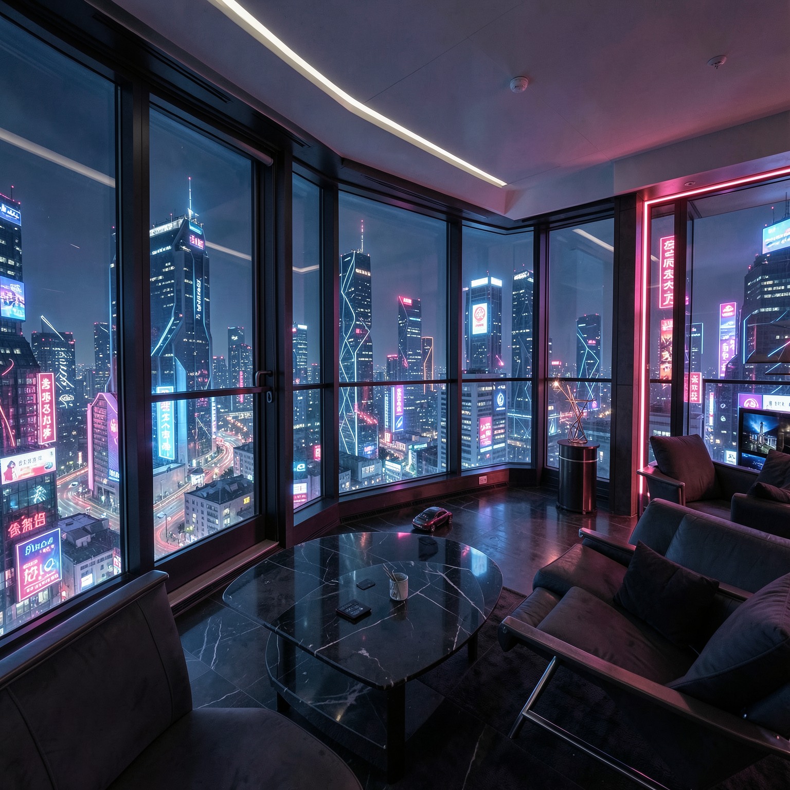 Luxury cyberpunk apartment overlooking neon metropolis at night