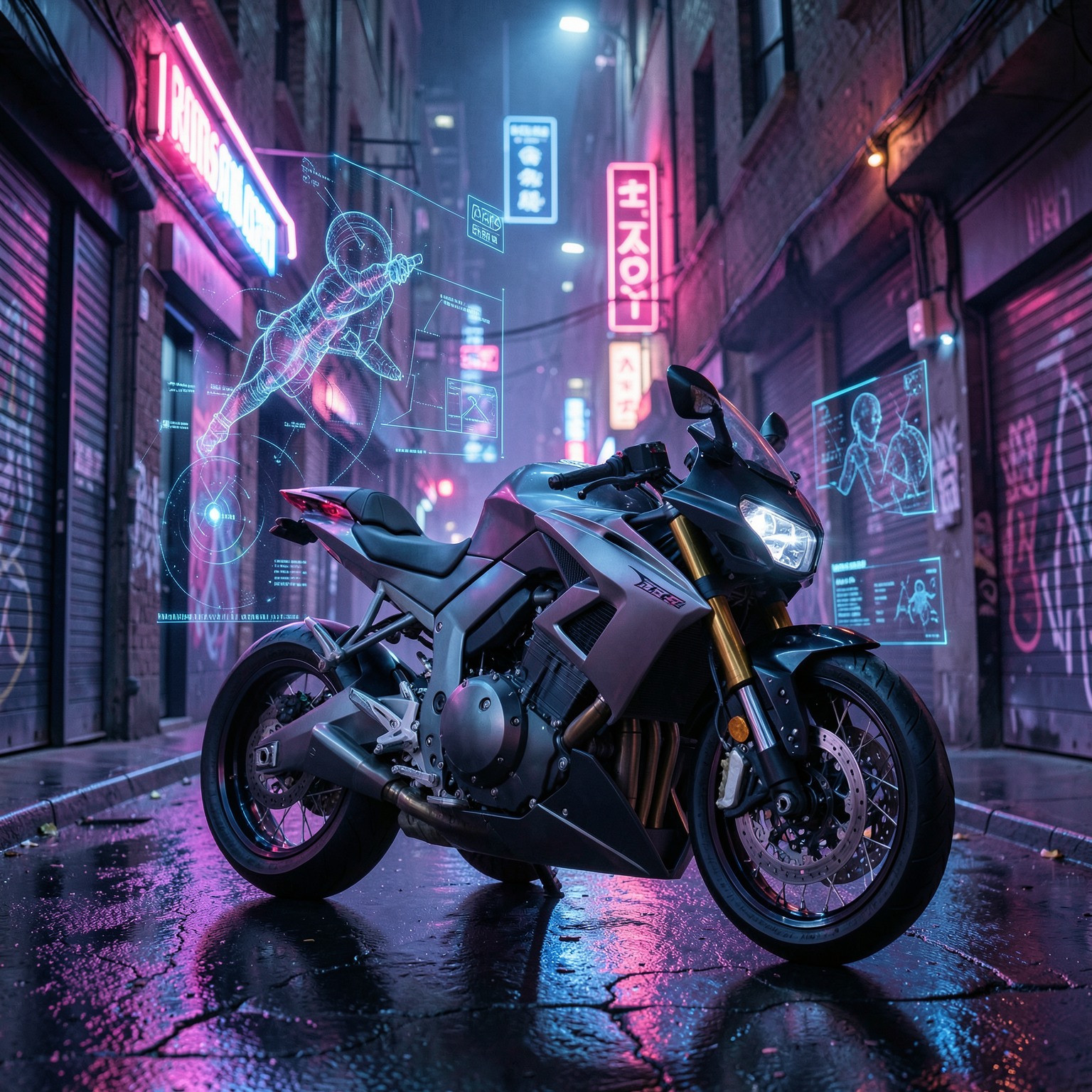 futuristic motorcycle parked in neon alley with holograms