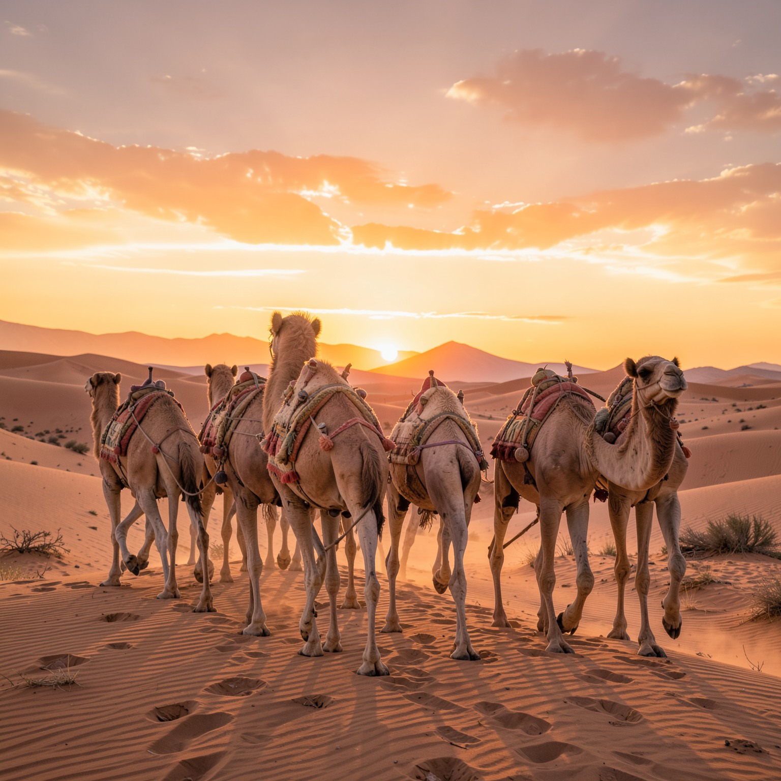 realistic camel caravan in desert sunset