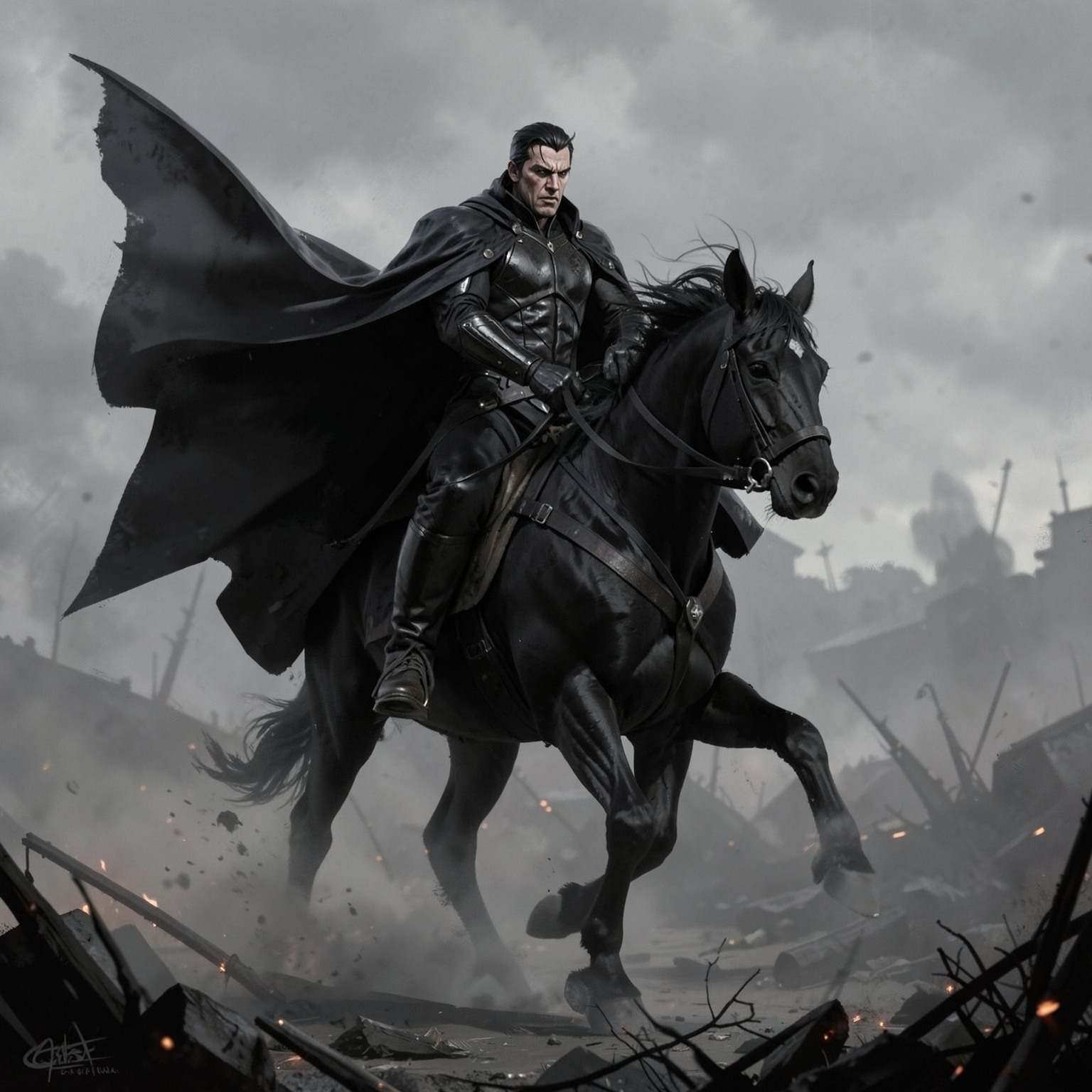 dark knight riding black horse through foggy battlefield