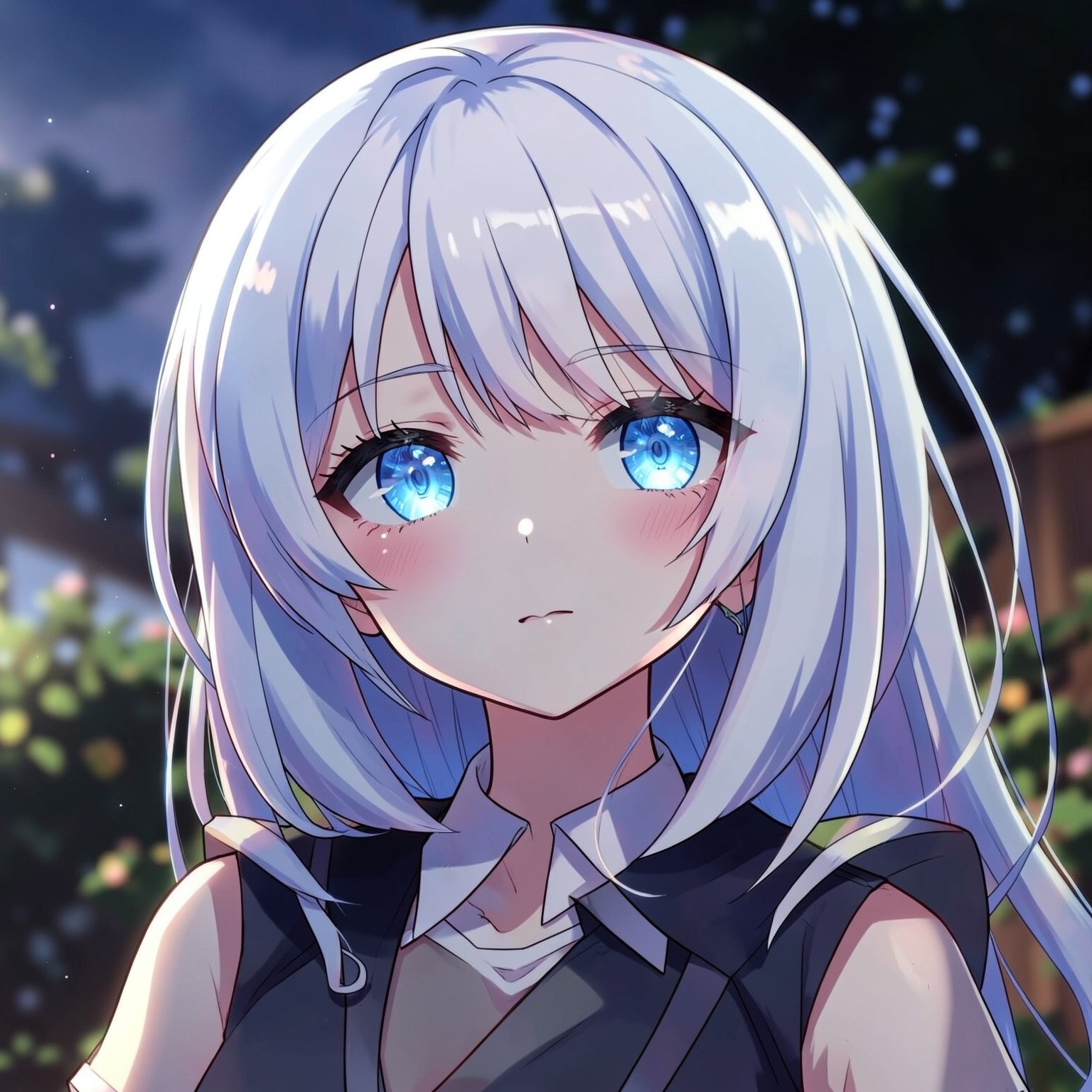 anime girl with white hair and blue glowing eyes, detailed anime shading, cinematic background