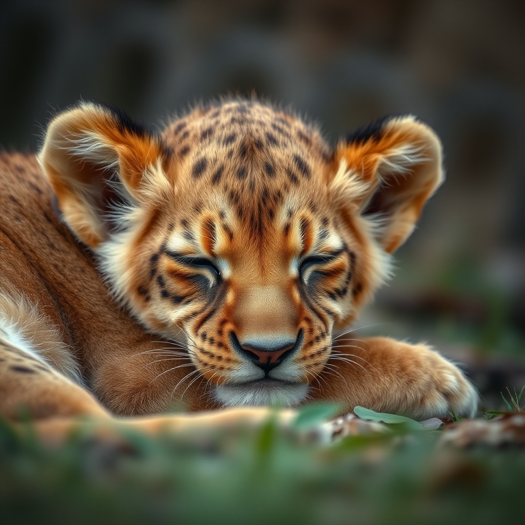 sleepy lion cub, dreamy atmosphere, shallow depth of field