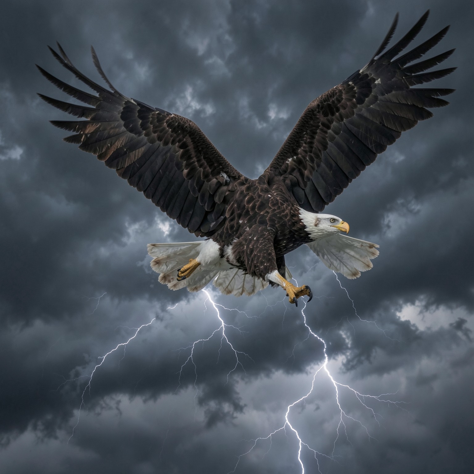 realistic eagle flying through storm clouds