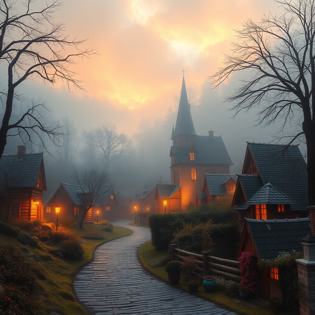 fairytale village at dawn, soft mist, warm light, storybook style