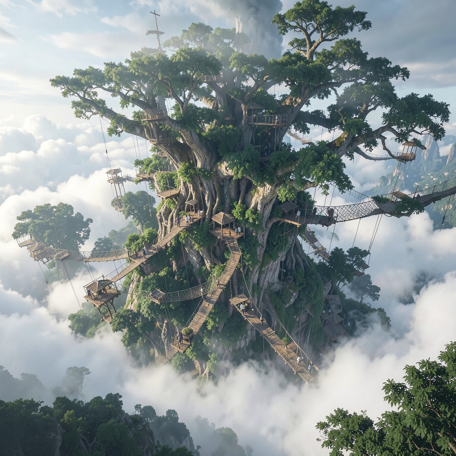 Giant tree city connected with hanging bridges in the clouds