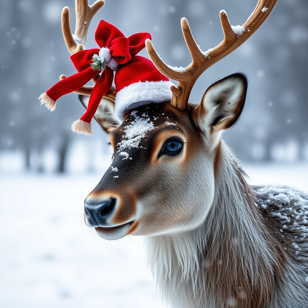 christmas reindeer portrait, snowy background, ultra realistic