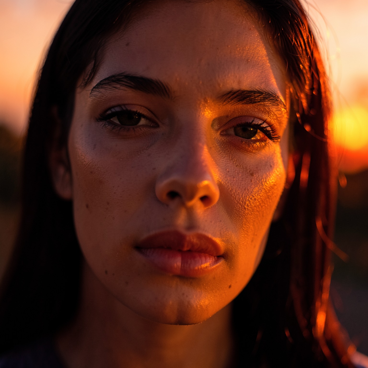 Tight portrait shot with cinematic orange sunset lighting on face