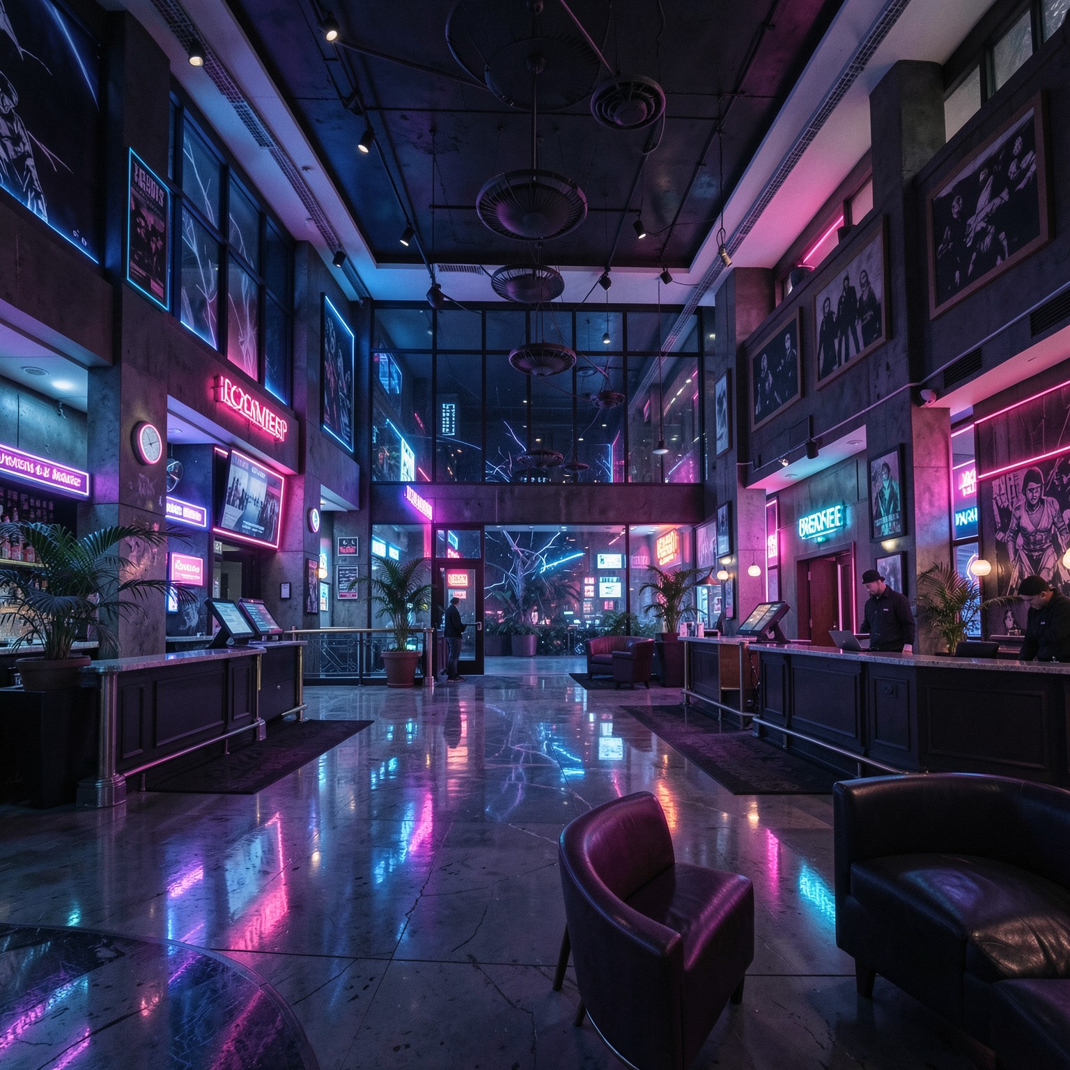 Cyberpunk hotel lobby with neon reflections