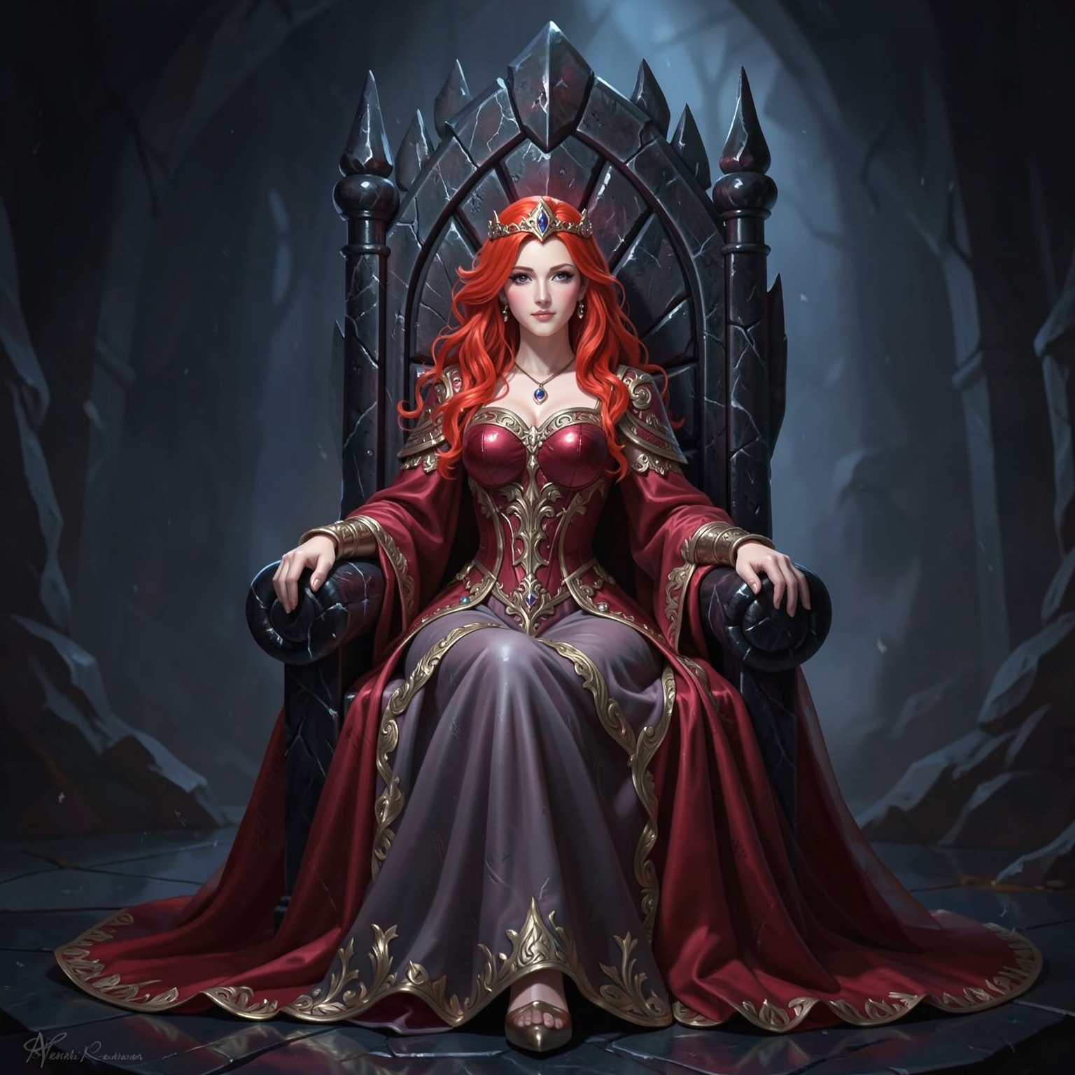 Beautiful red-haired queen sitting on obsidian throne, fantasy portrait